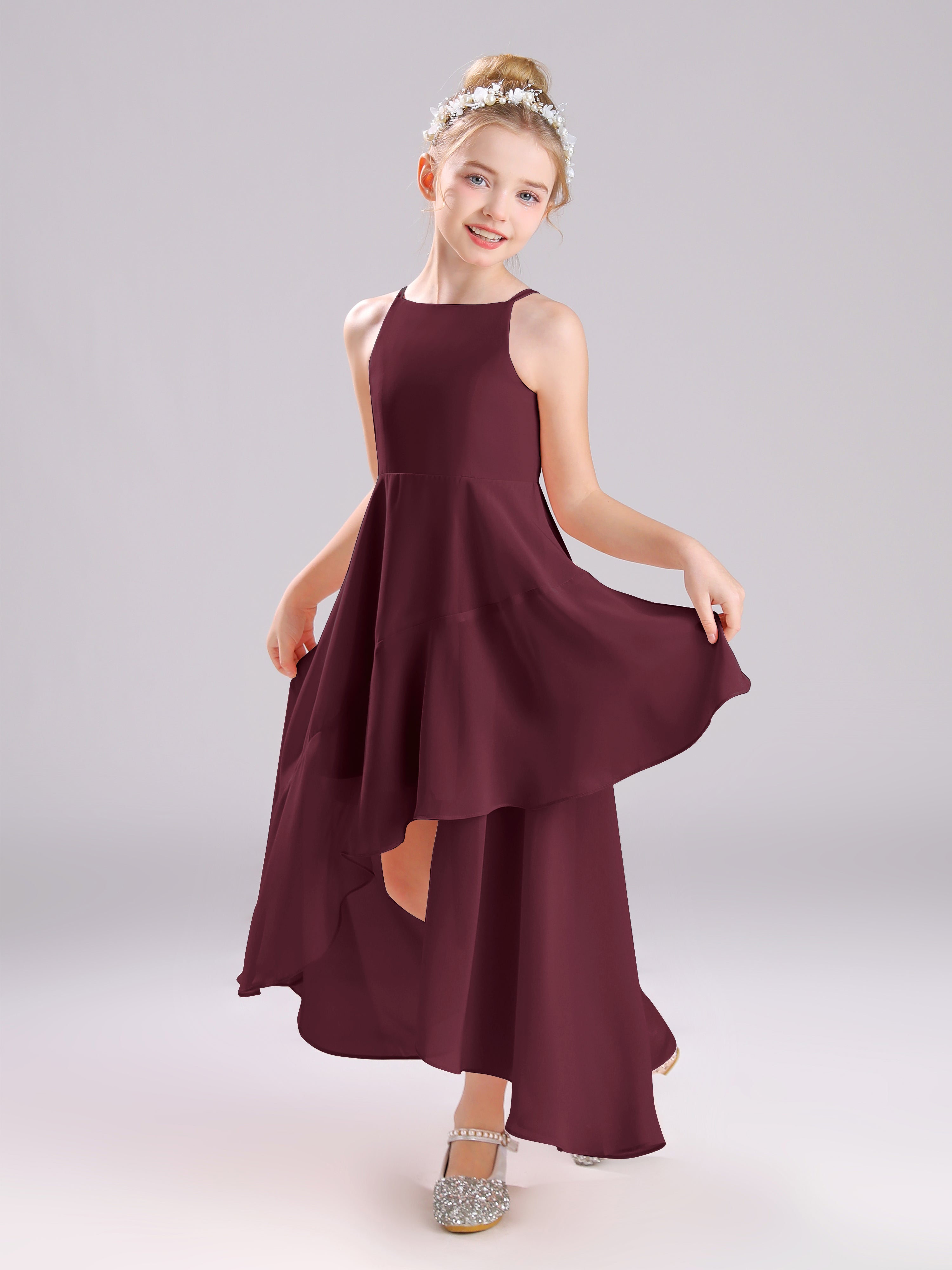 High-Low Ruffles Sleeveless Chiffon Junior Bridesmaid Dresses