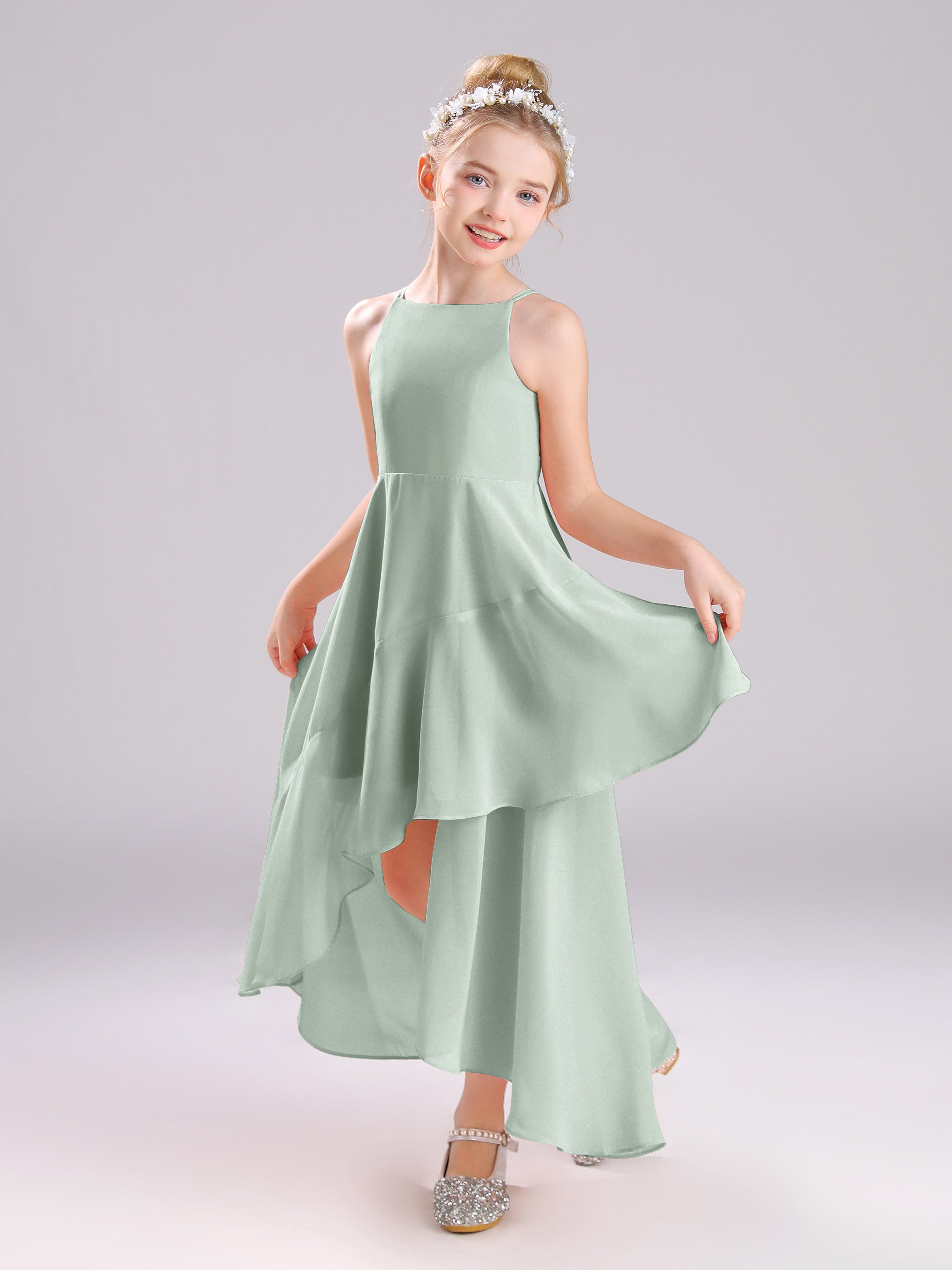 High-Low Ruffles Sleeveless Chiffon Junior Bridesmaid Dresses