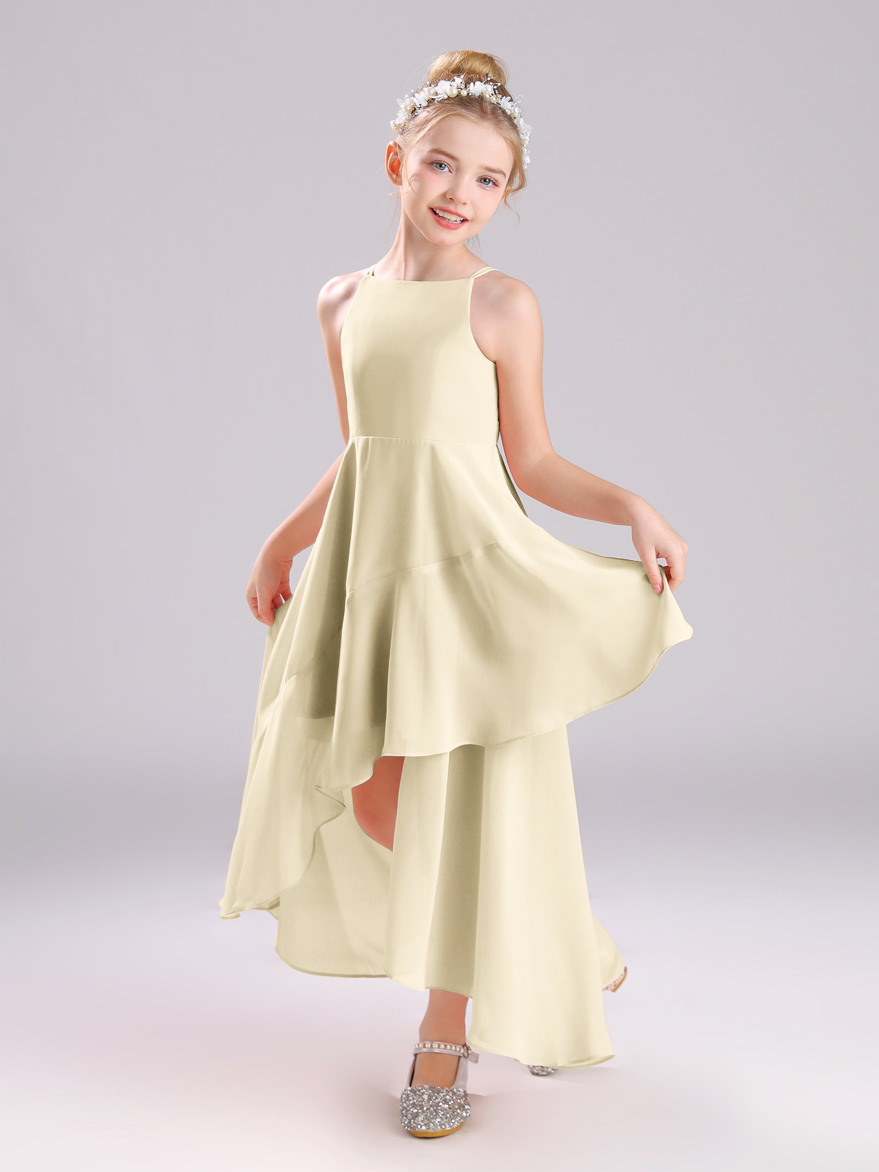 High-Low Ruffles Sleeveless Chiffon Junior Bridesmaid Dresses