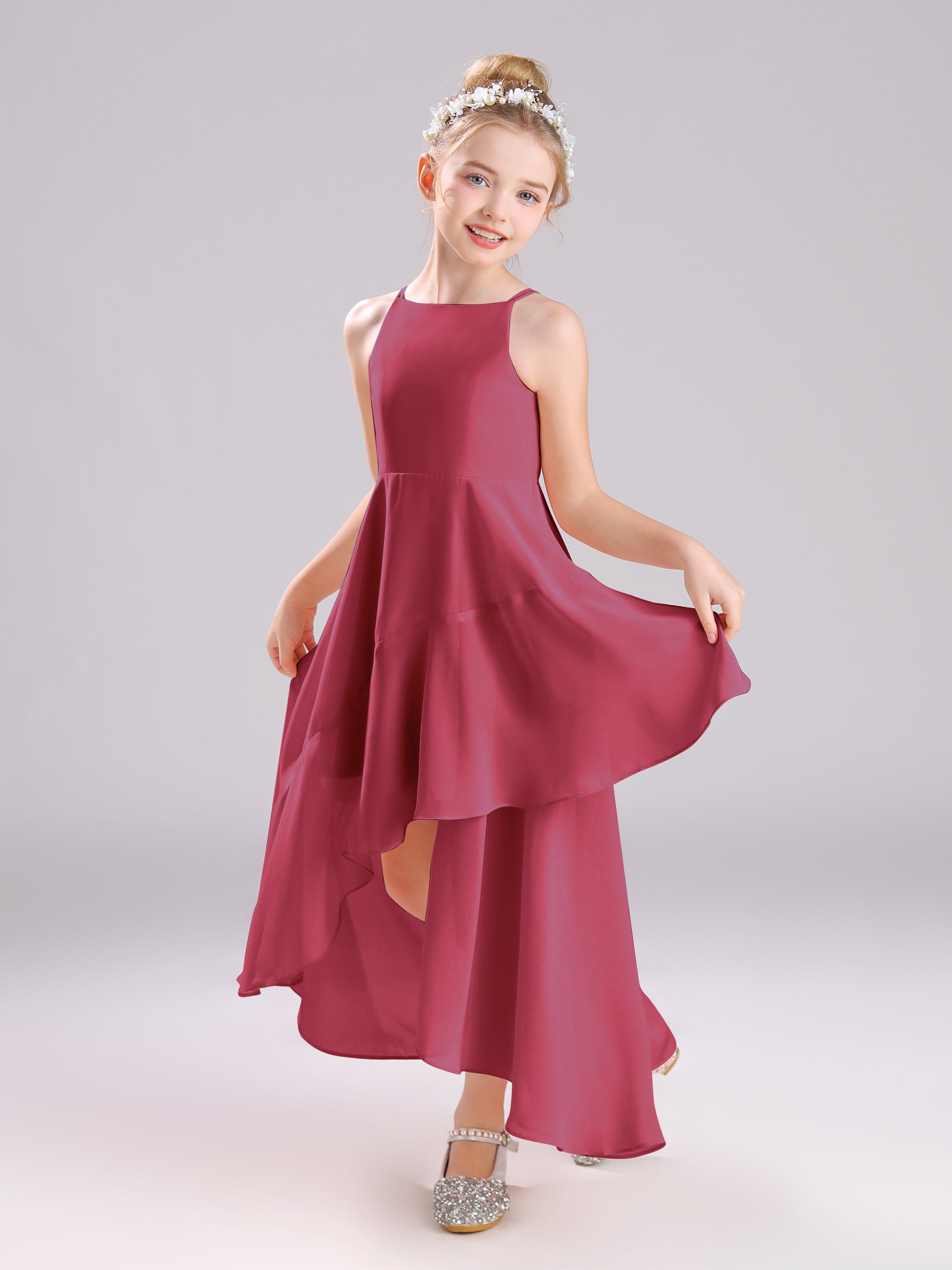 High-Low Ruffles Sleeveless Chiffon Junior Bridesmaid Dresses