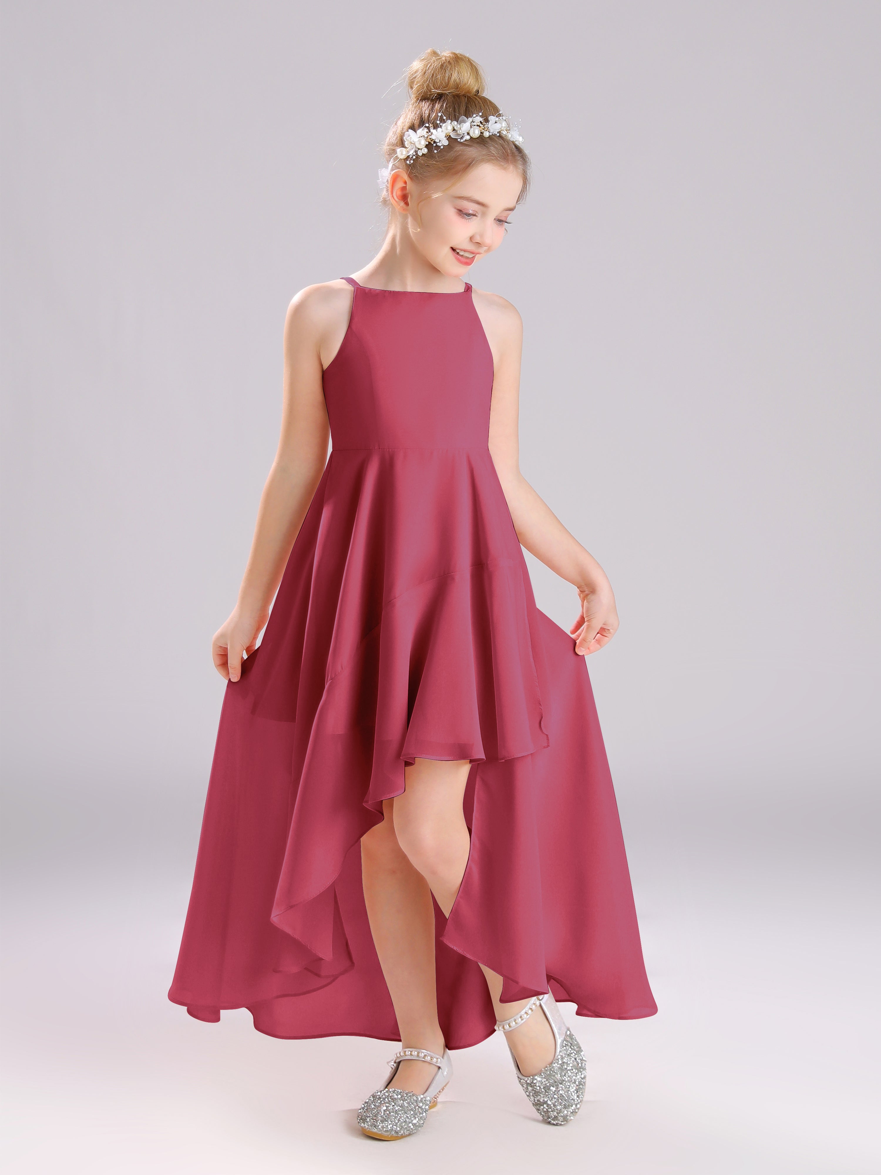 High-Low Ruffles Sleeveless Chiffon Junior Bridesmaid Dresses