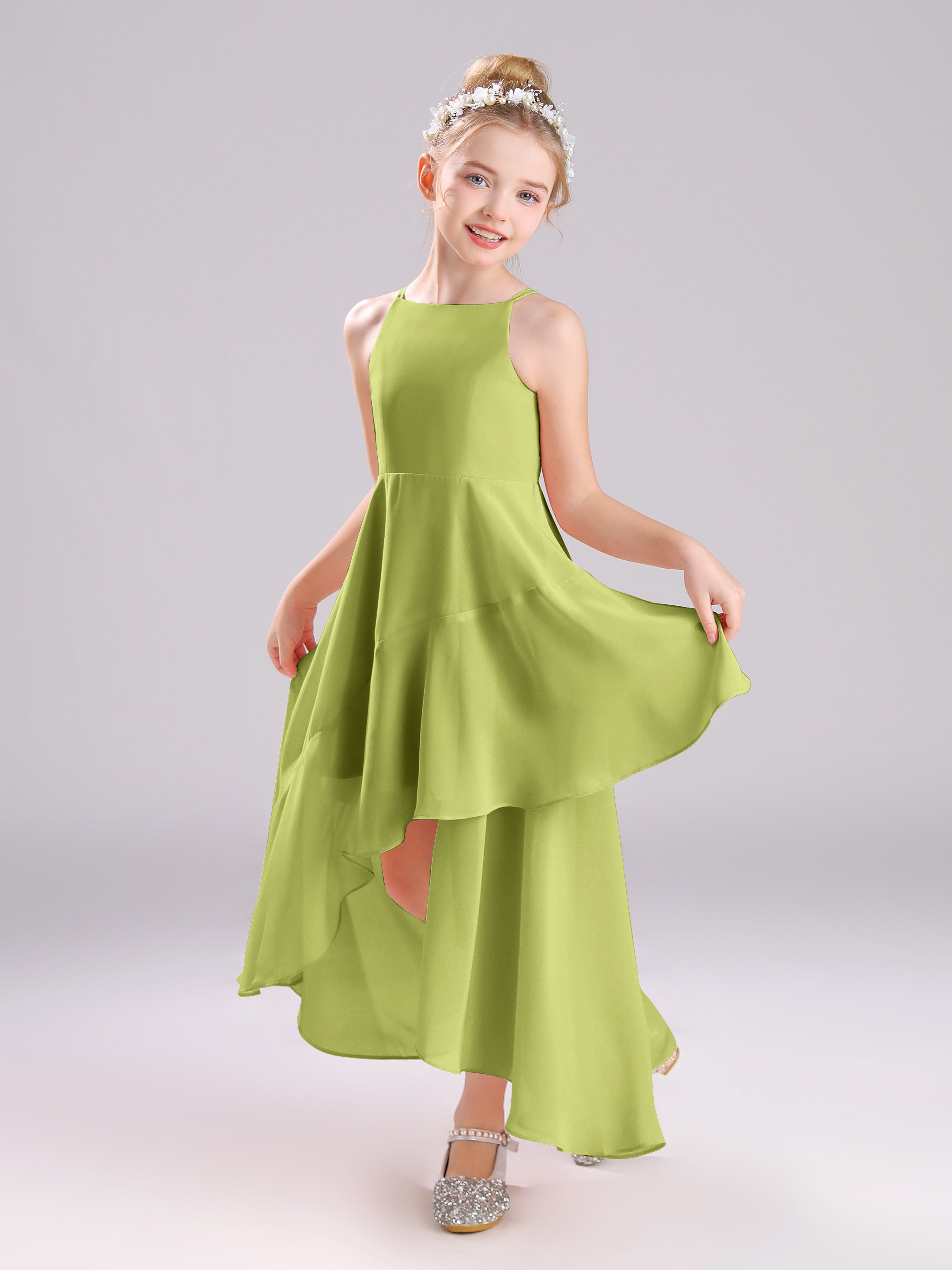 High-Low Ruffles Sleeveless Chiffon Junior Bridesmaid Dresses