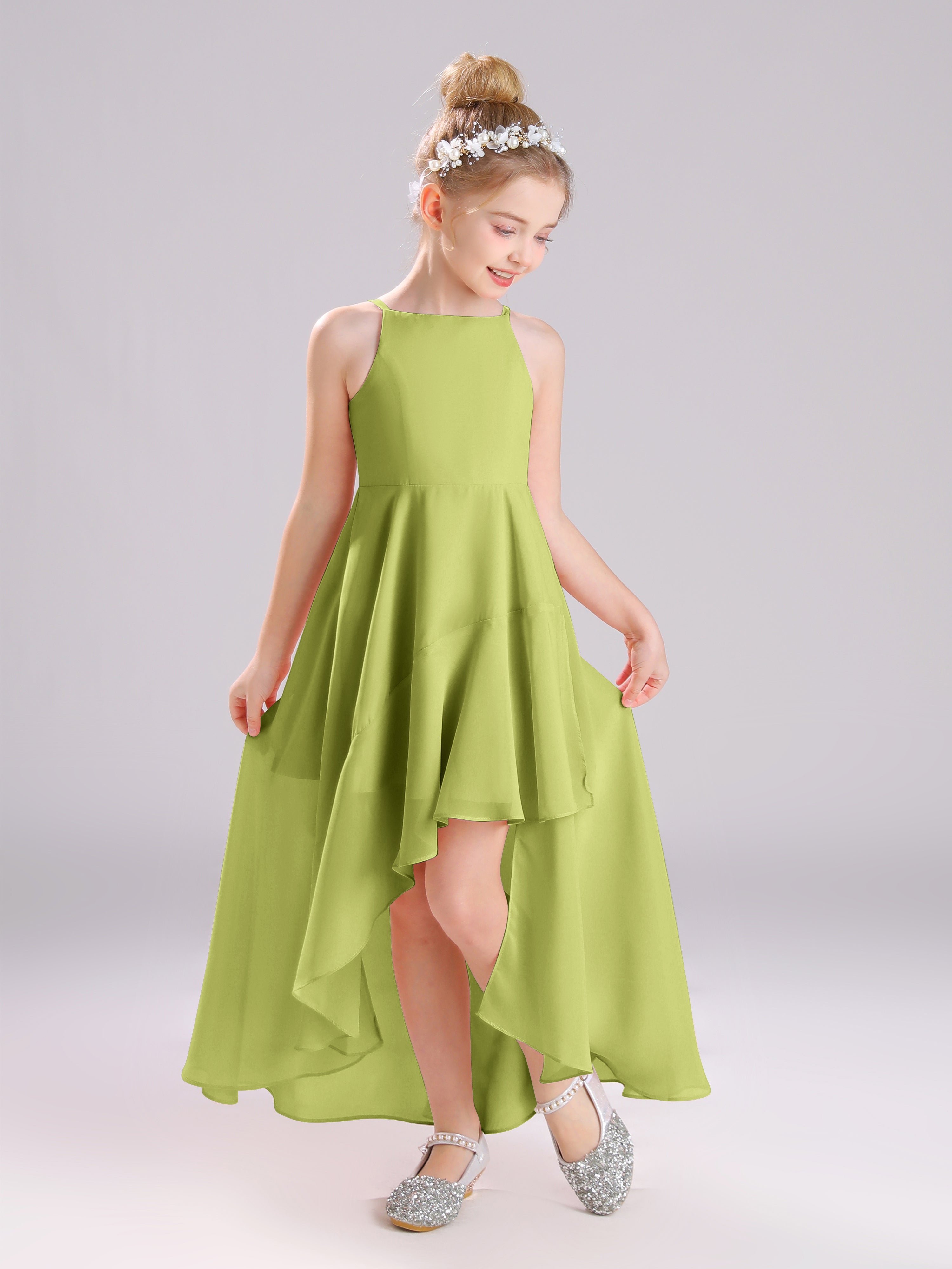 High-Low Ruffles Sleeveless Chiffon Junior Bridesmaid Dresses