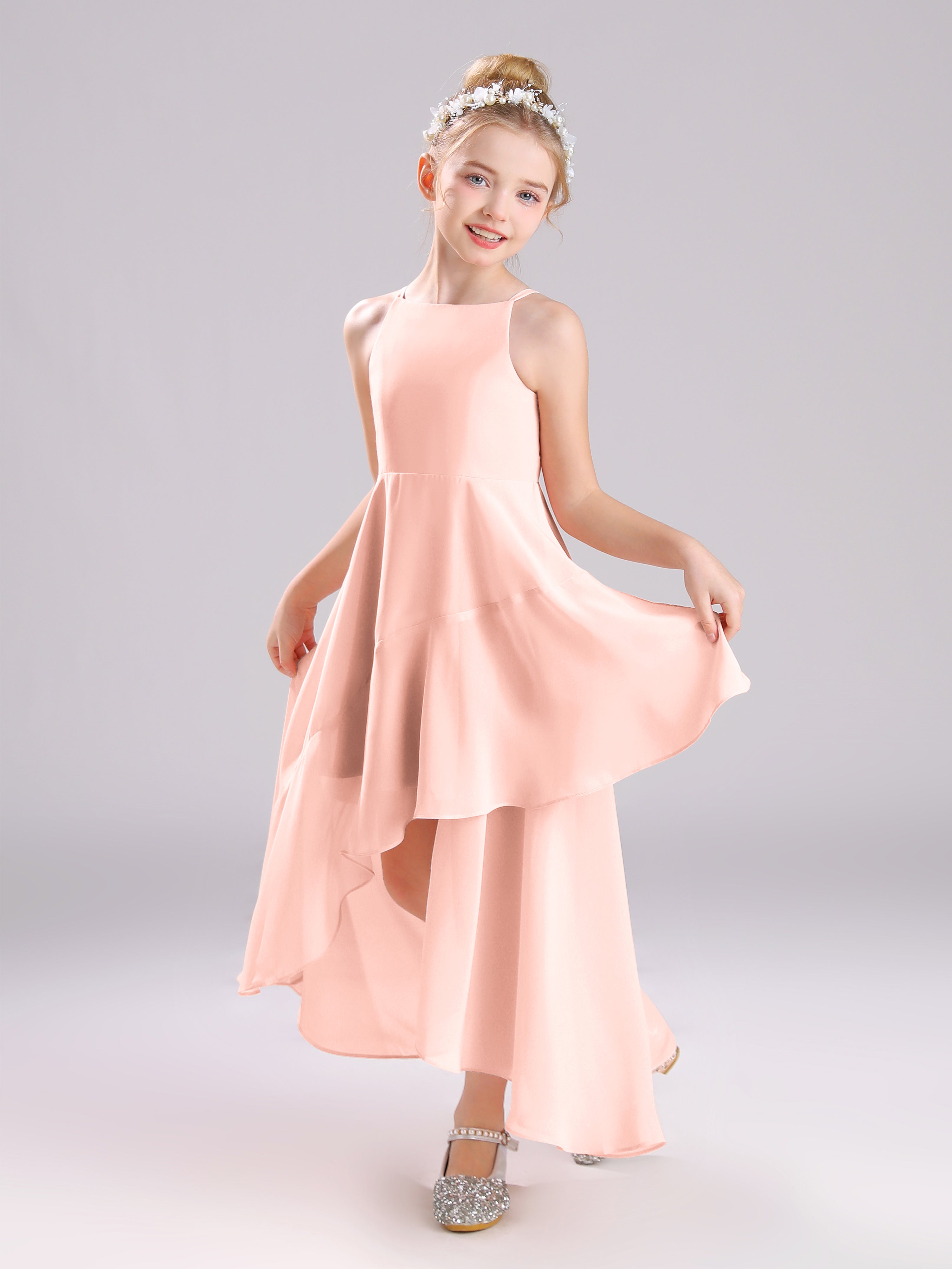 High-Low Ruffles Sleeveless Chiffon Junior Bridesmaid Dresses