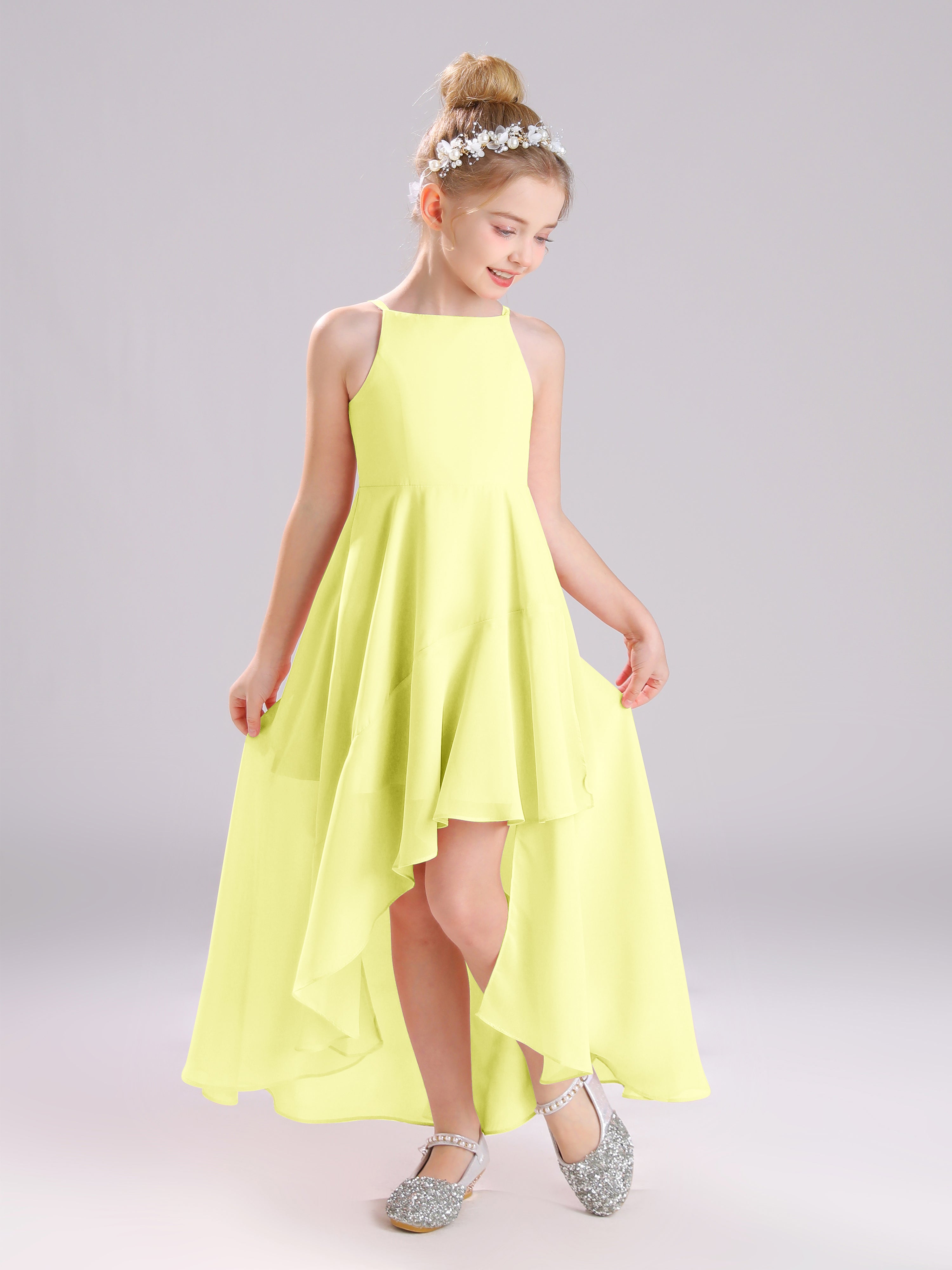 High-Low Ruffles Sleeveless Chiffon Junior Bridesmaid Dresses