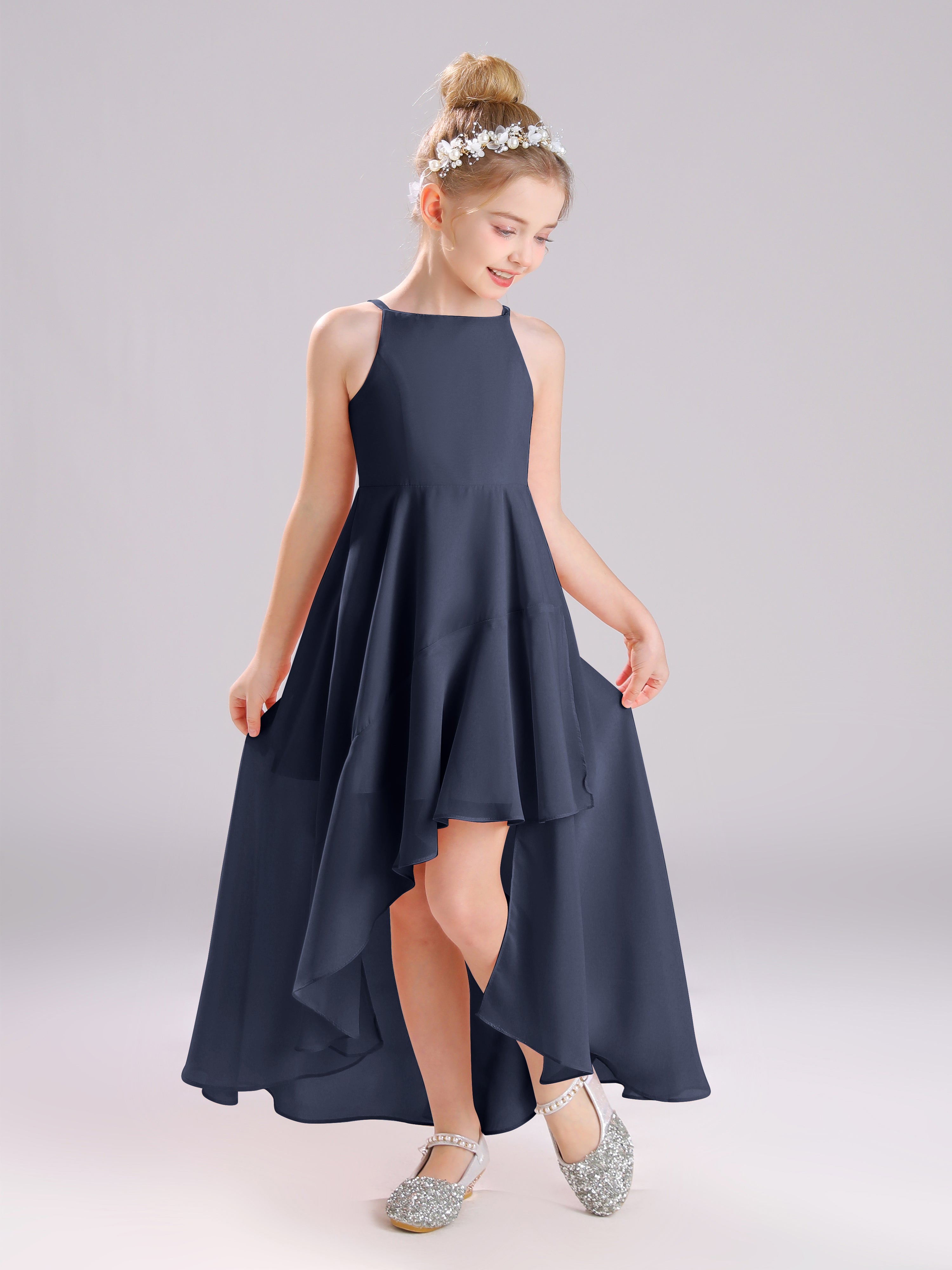 High-Low Ruffles Sleeveless Chiffon Junior Bridesmaid Dresses