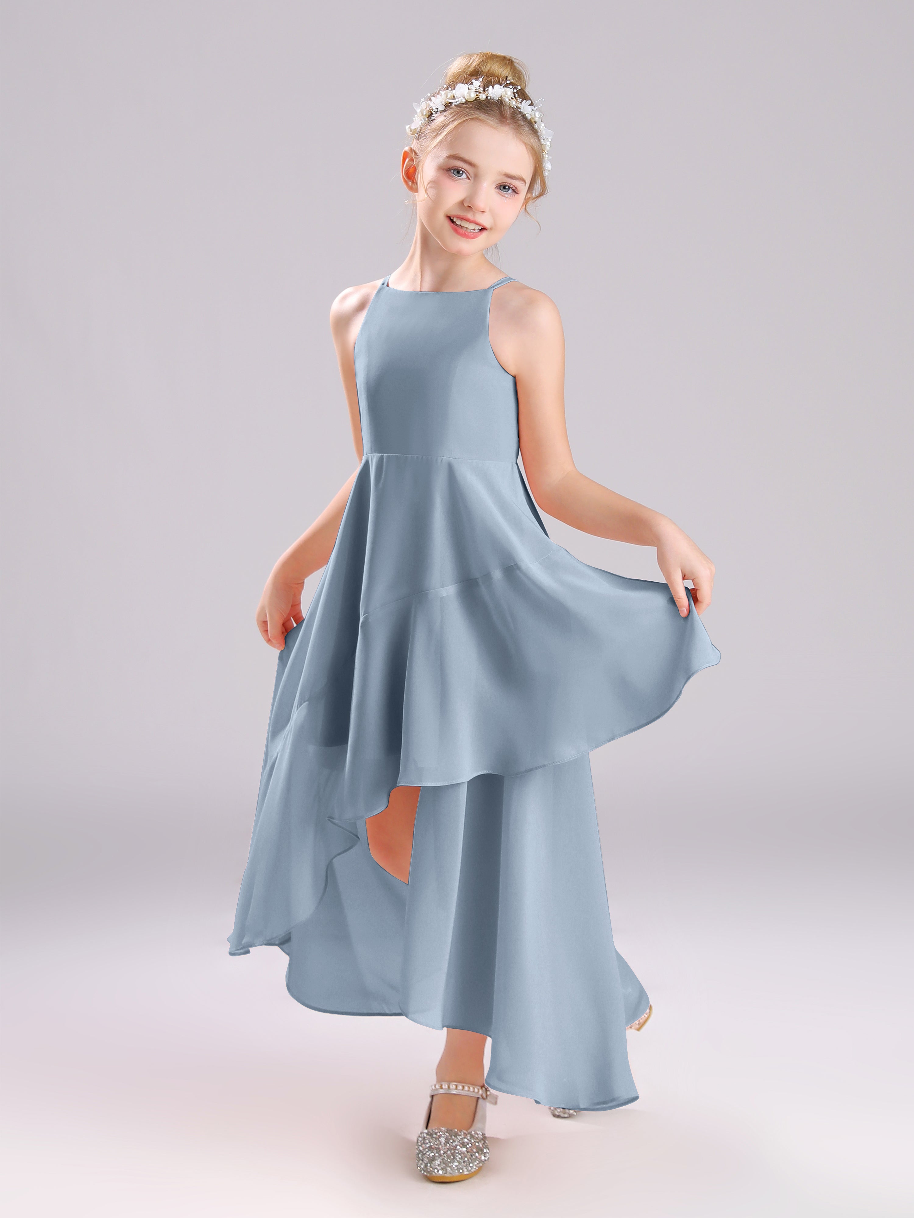 High-Low Ruffles Sleeveless Chiffon Junior Bridesmaid Dresses