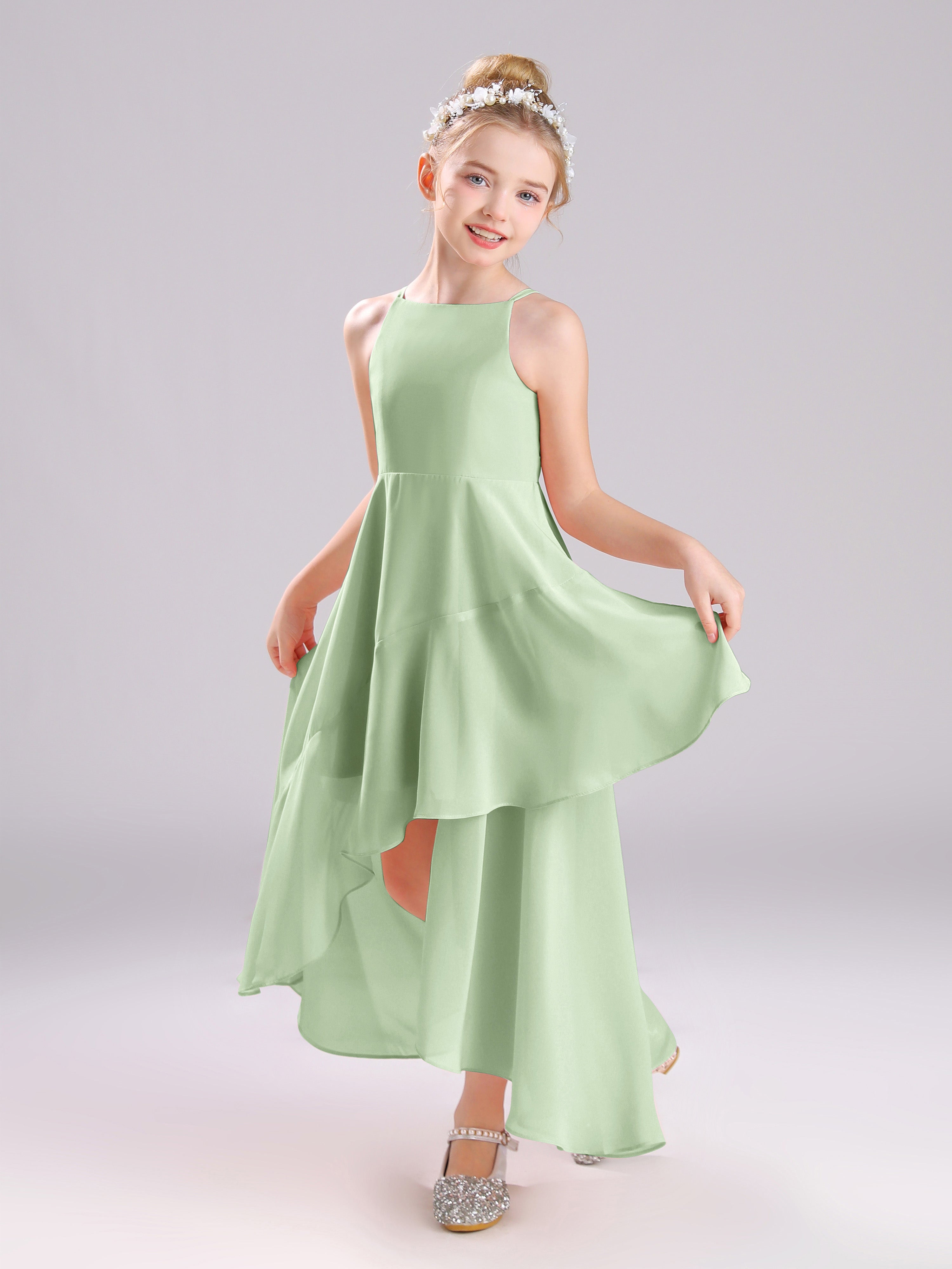 High-Low Ruffles Sleeveless Chiffon Junior Bridesmaid Dresses