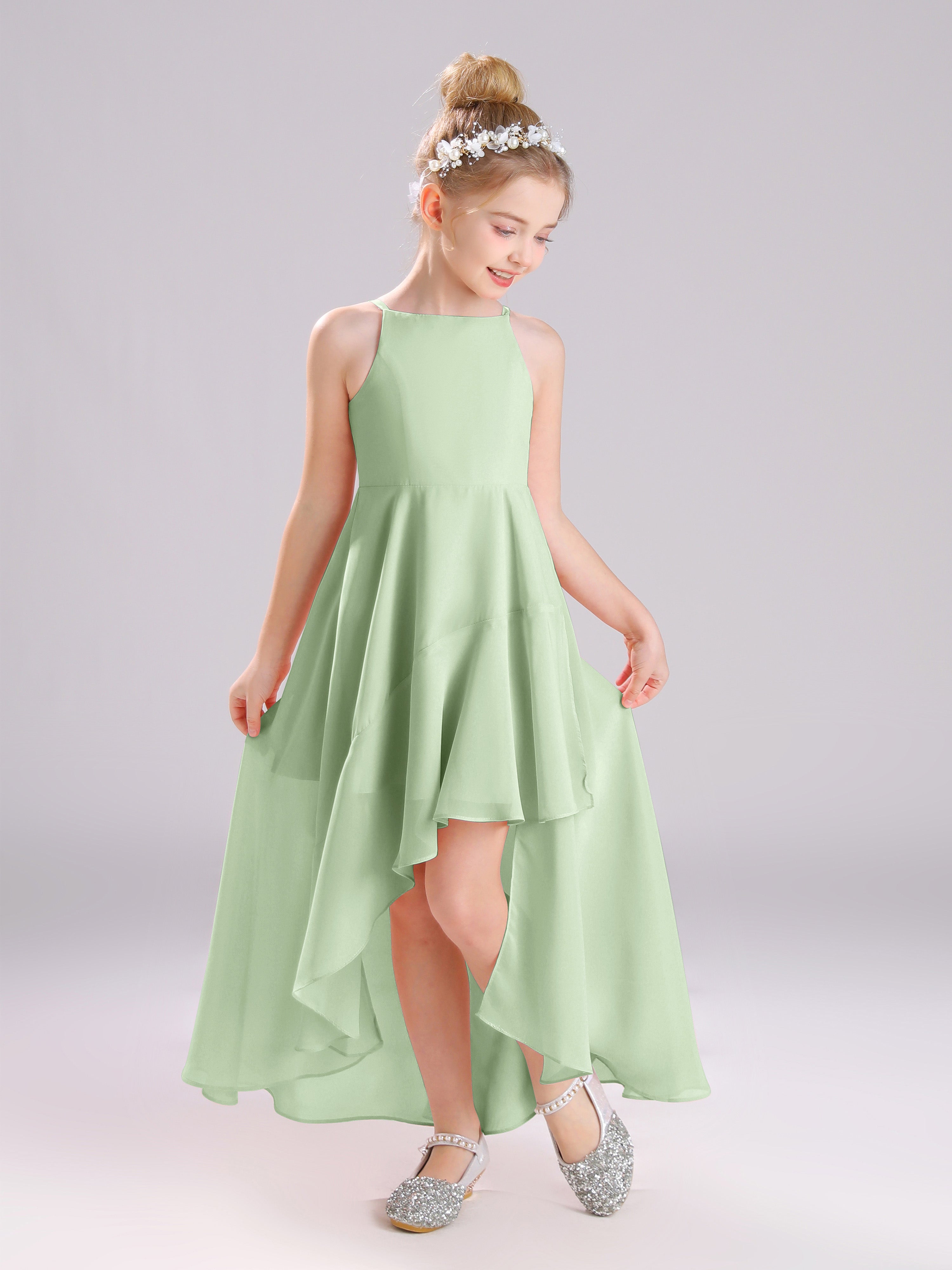 High-Low Ruffles Sleeveless Chiffon Junior Bridesmaid Dresses