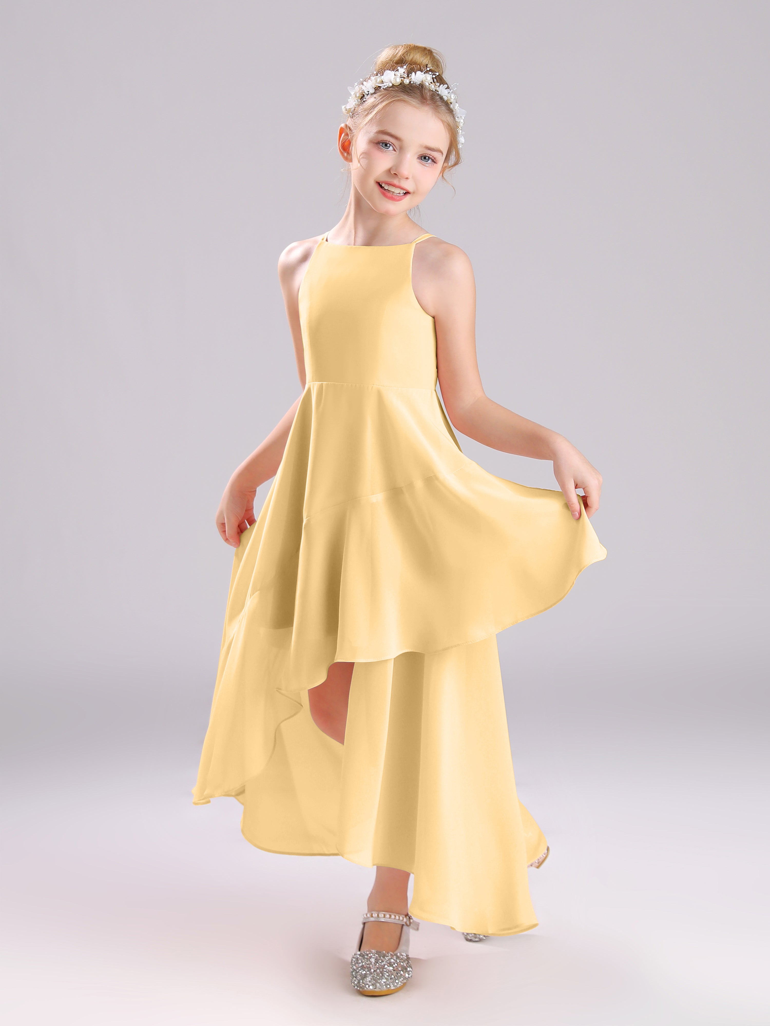 High-Low Ruffles Sleeveless Chiffon Junior Bridesmaid Dresses