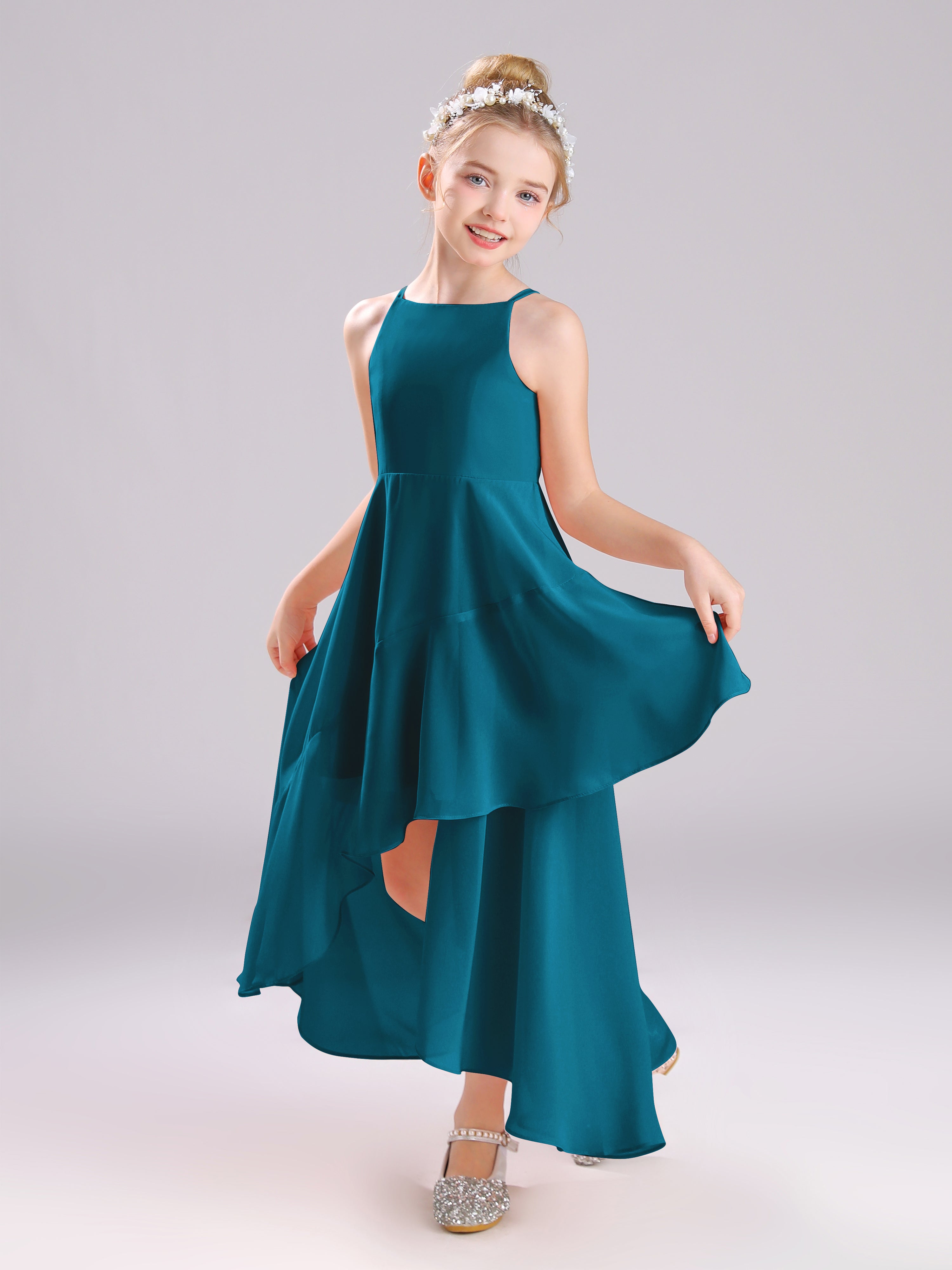 High-Low Ruffles Sleeveless Chiffon Junior Bridesmaid Dresses