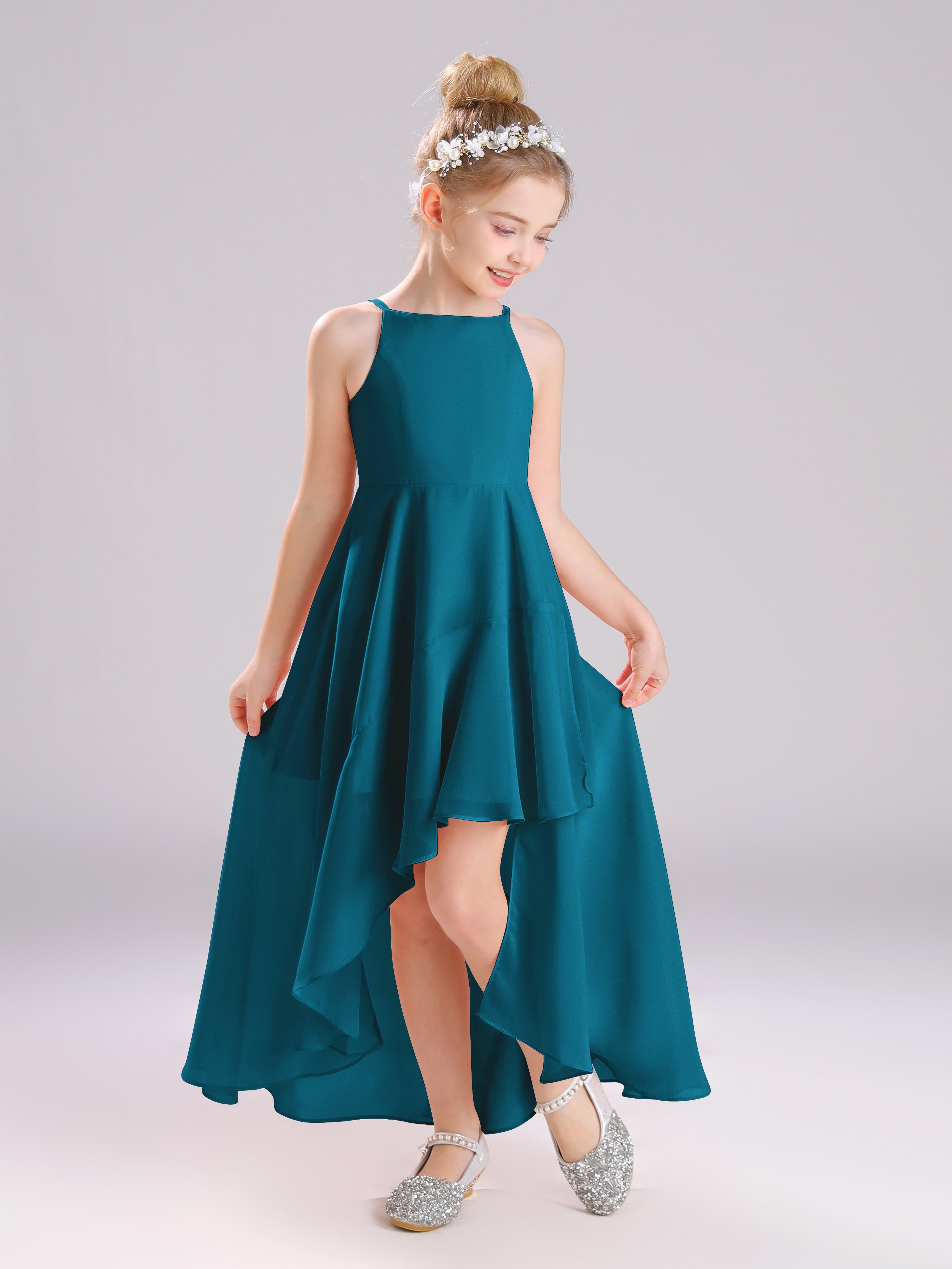 High-Low Ruffles Sleeveless Chiffon Junior Bridesmaid Dresses