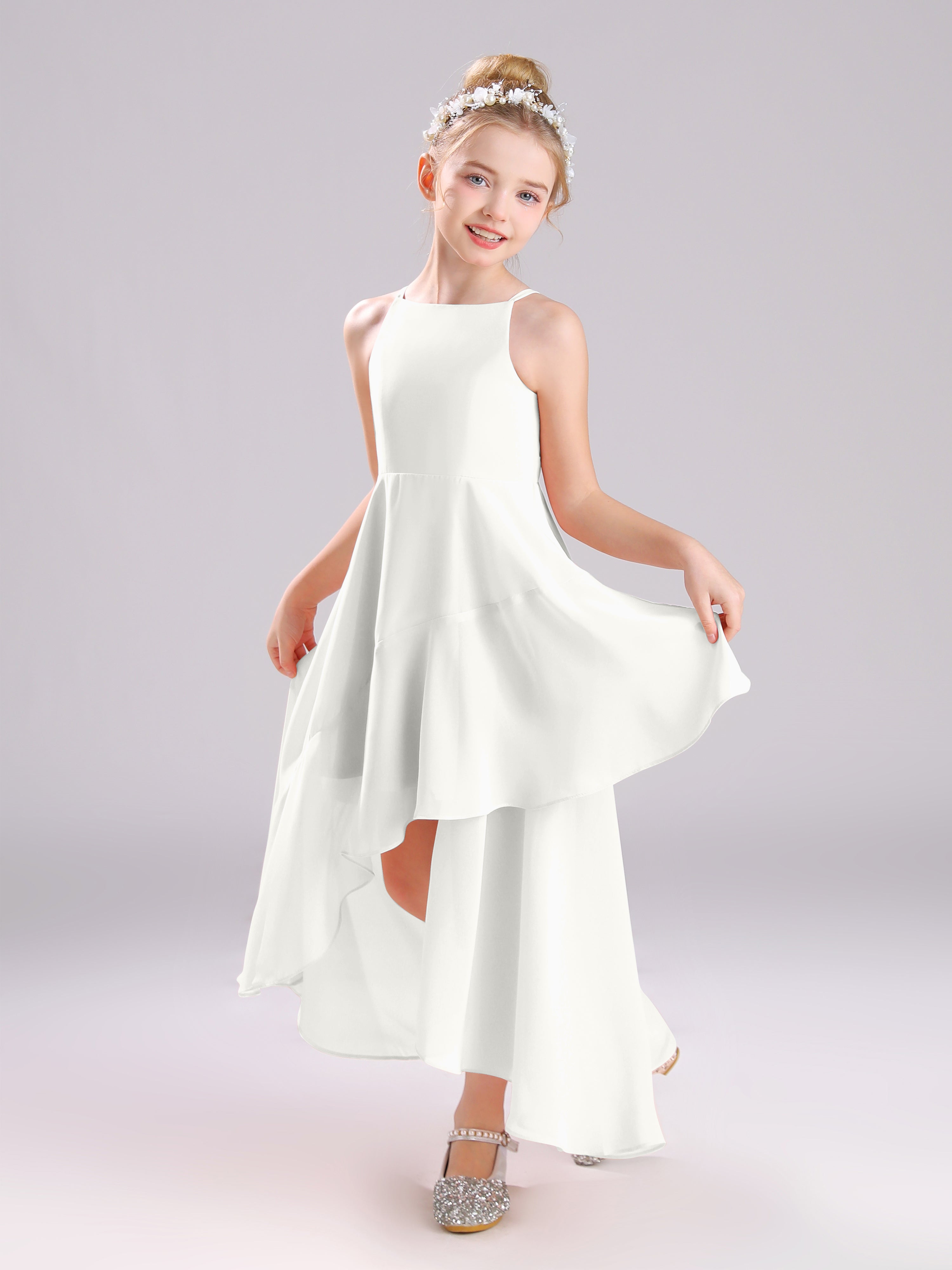 High-Low Ruffles Sleeveless Chiffon Junior Bridesmaid Dresses