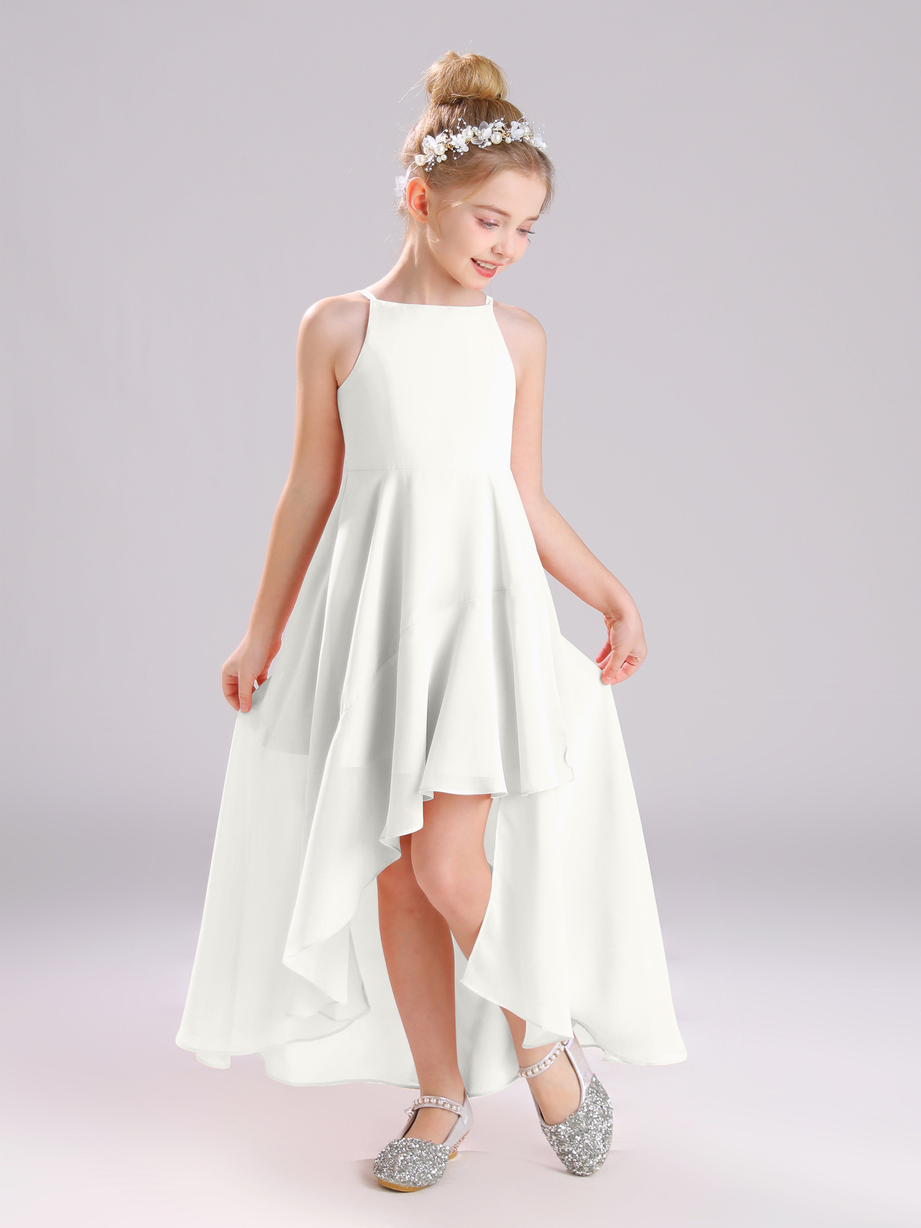 High-Low Ruffles Sleeveless Chiffon Junior Bridesmaid Dresses