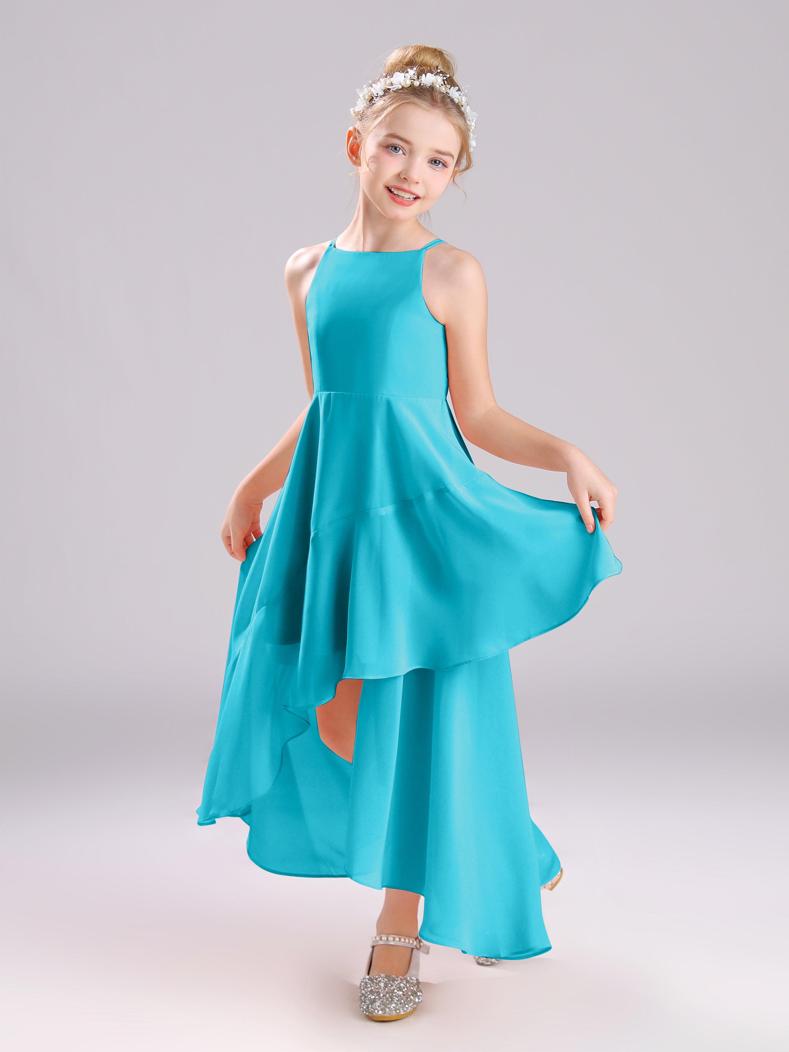 High-Low Ruffles Sleeveless Chiffon Junior Bridesmaid Dresses