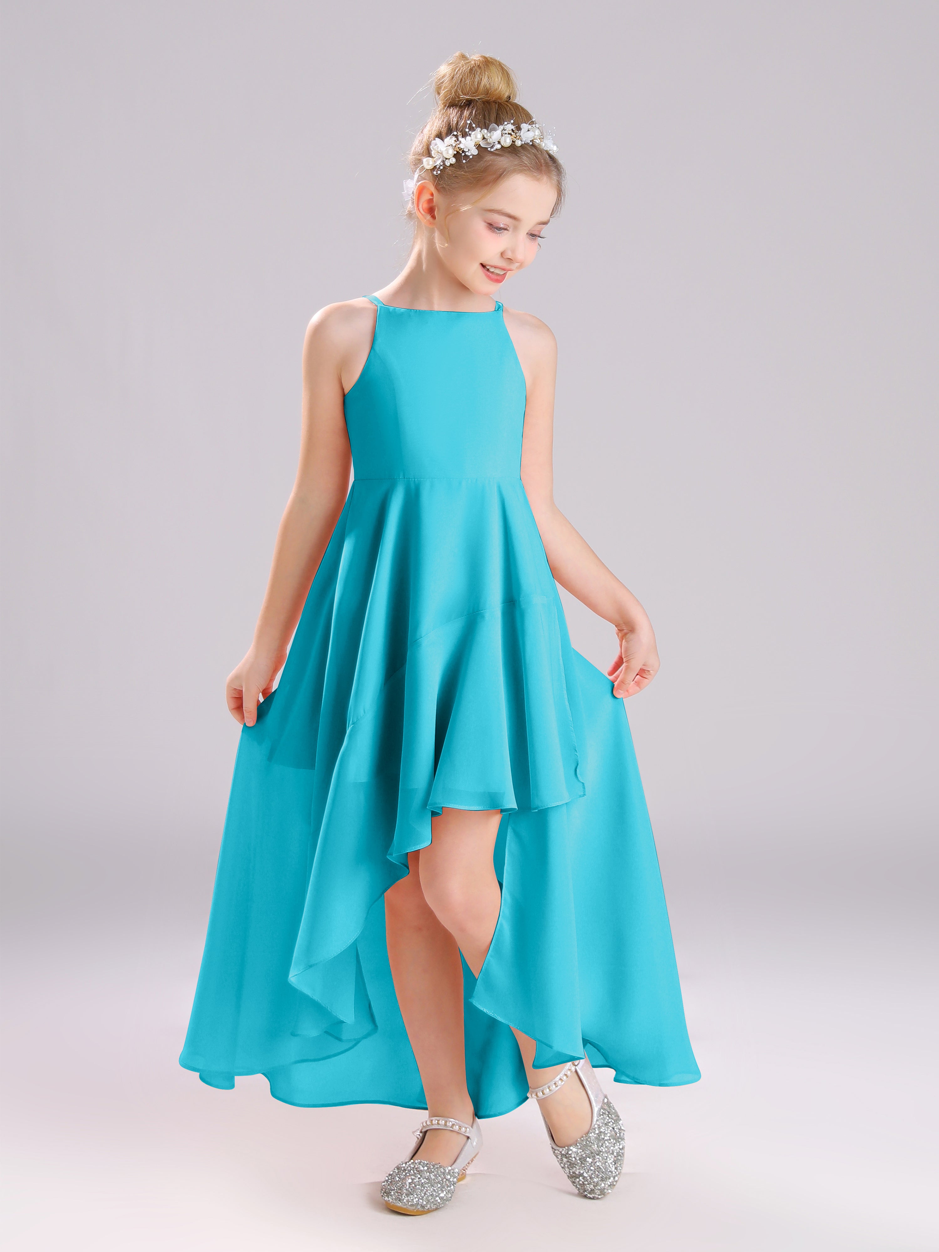 High-Low Ruffles Sleeveless Chiffon Junior Bridesmaid Dresses