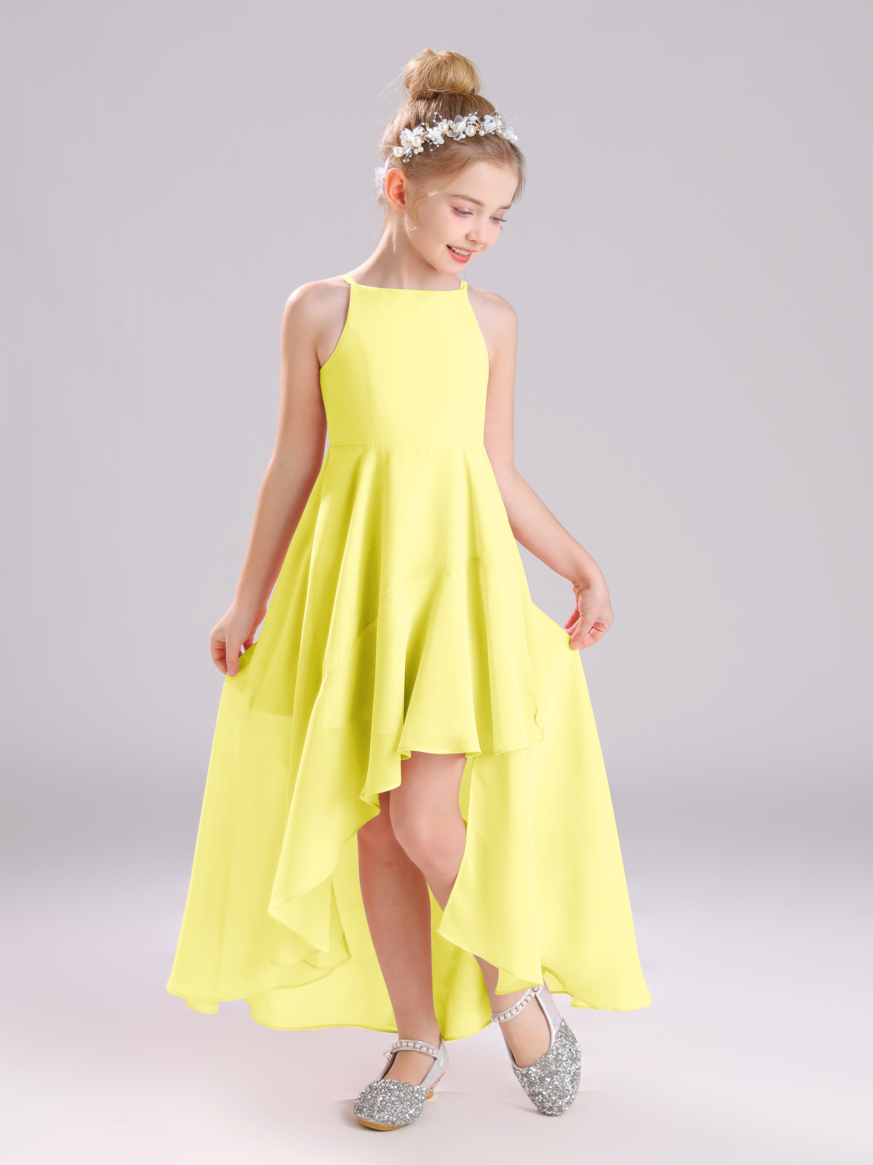 High-Low Ruffles Sleeveless Chiffon Junior Bridesmaid Dresses