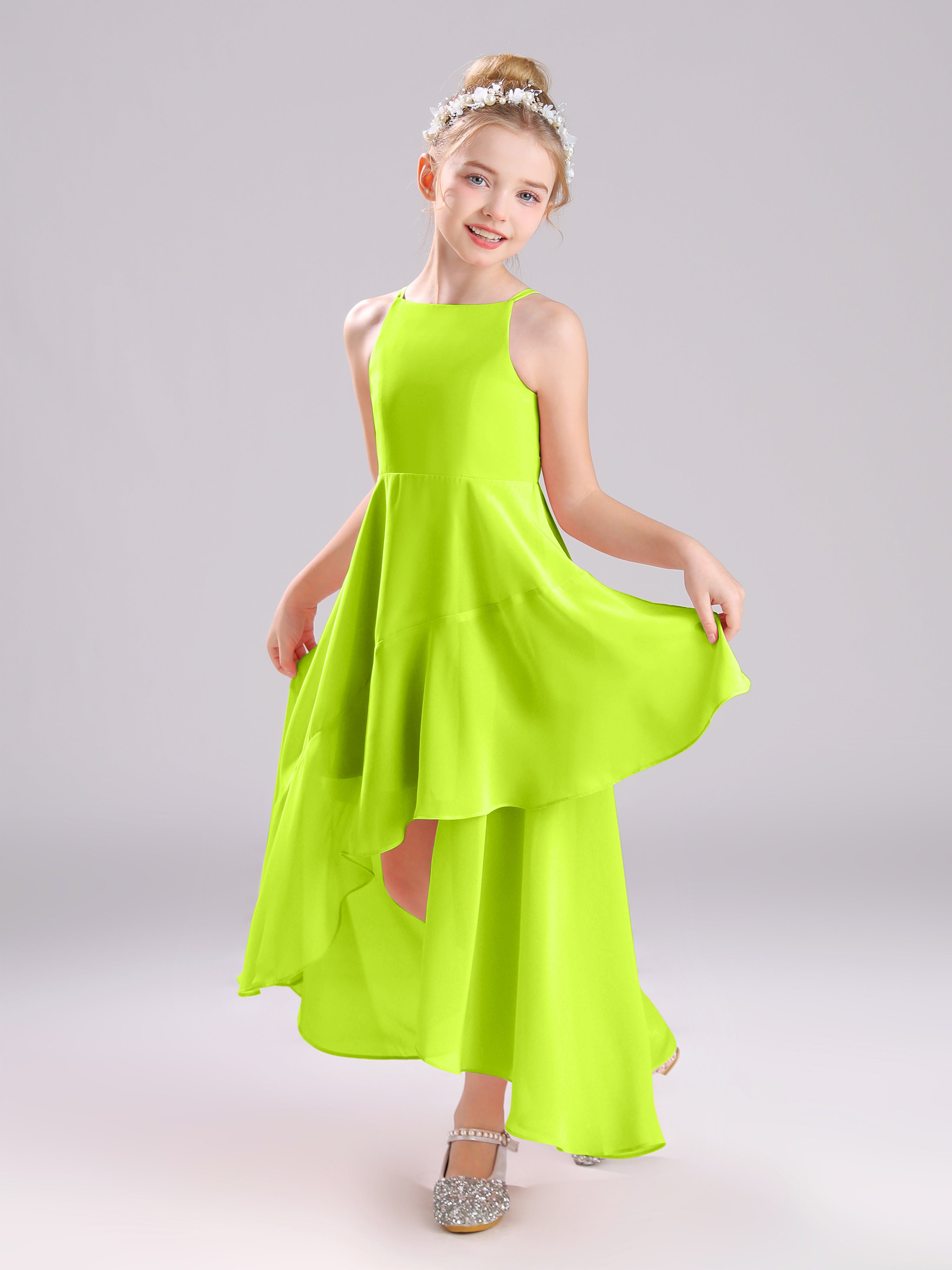 High-Low Ruffles Sleeveless Chiffon Junior Bridesmaid Dresses