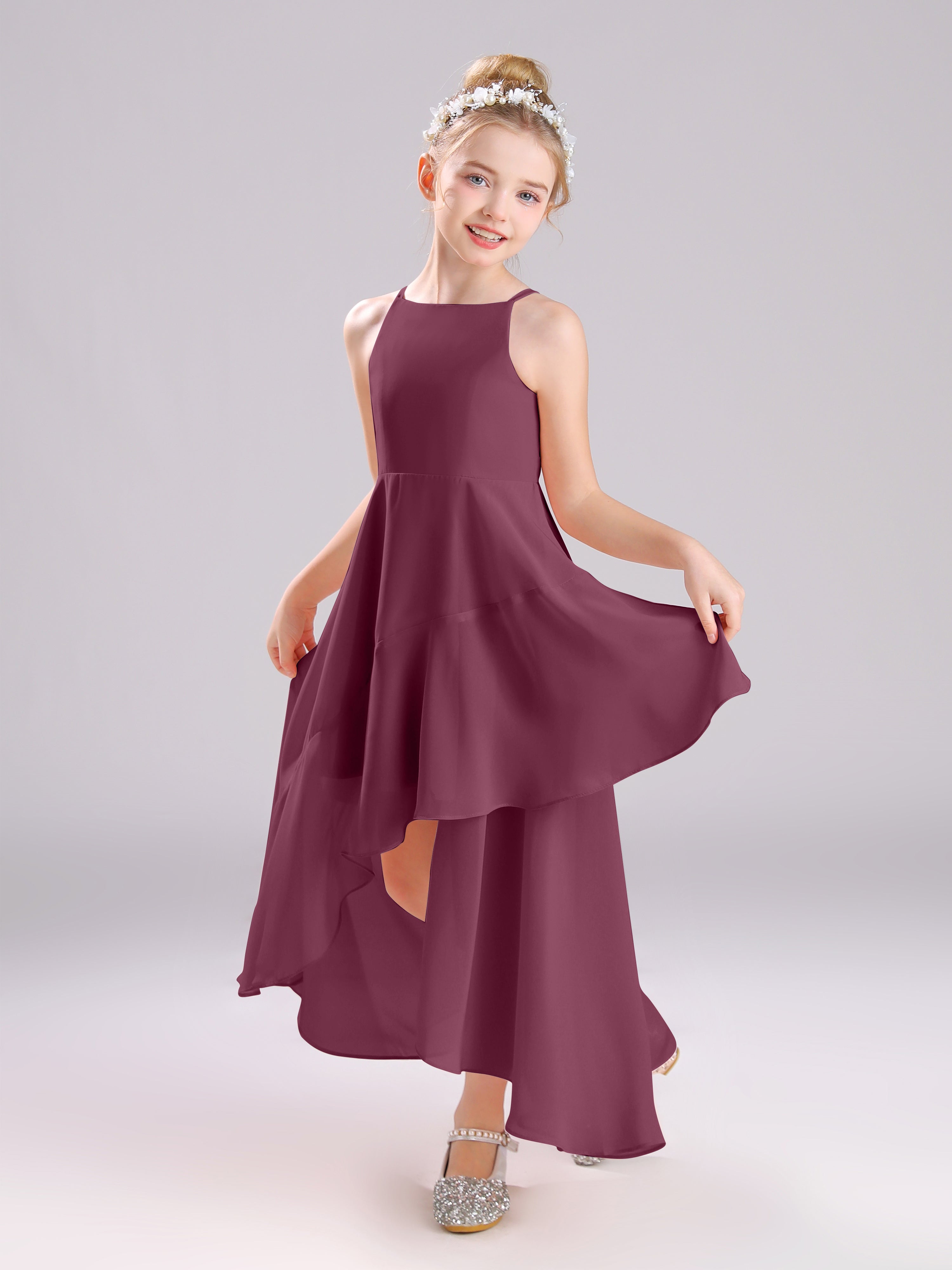 High-Low Ruffles Sleeveless Chiffon Junior Bridesmaid Dresses