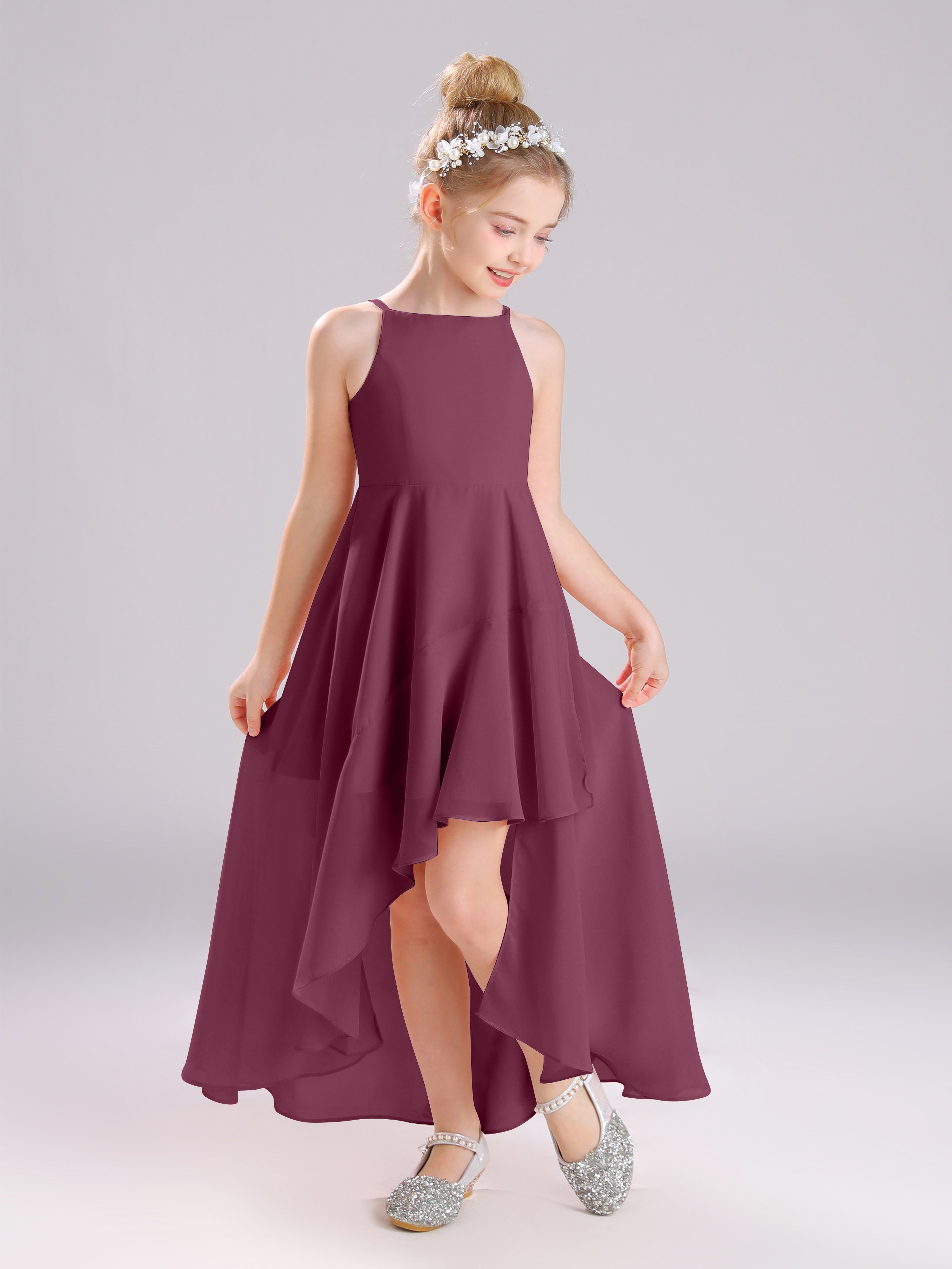 High-Low Ruffles Sleeveless Chiffon Junior Bridesmaid Dresses