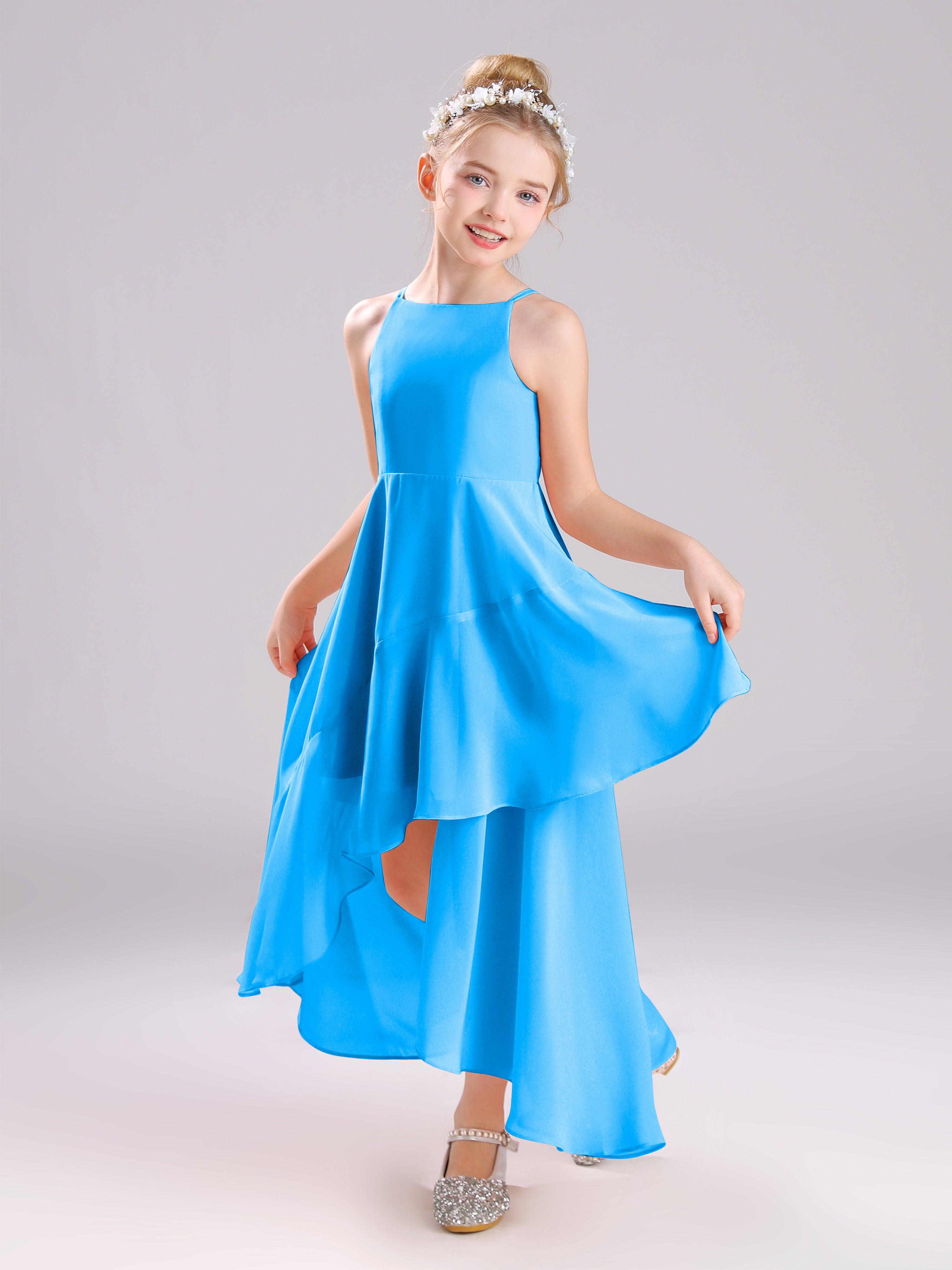 High-Low Ruffles Sleeveless Chiffon Junior Bridesmaid Dresses