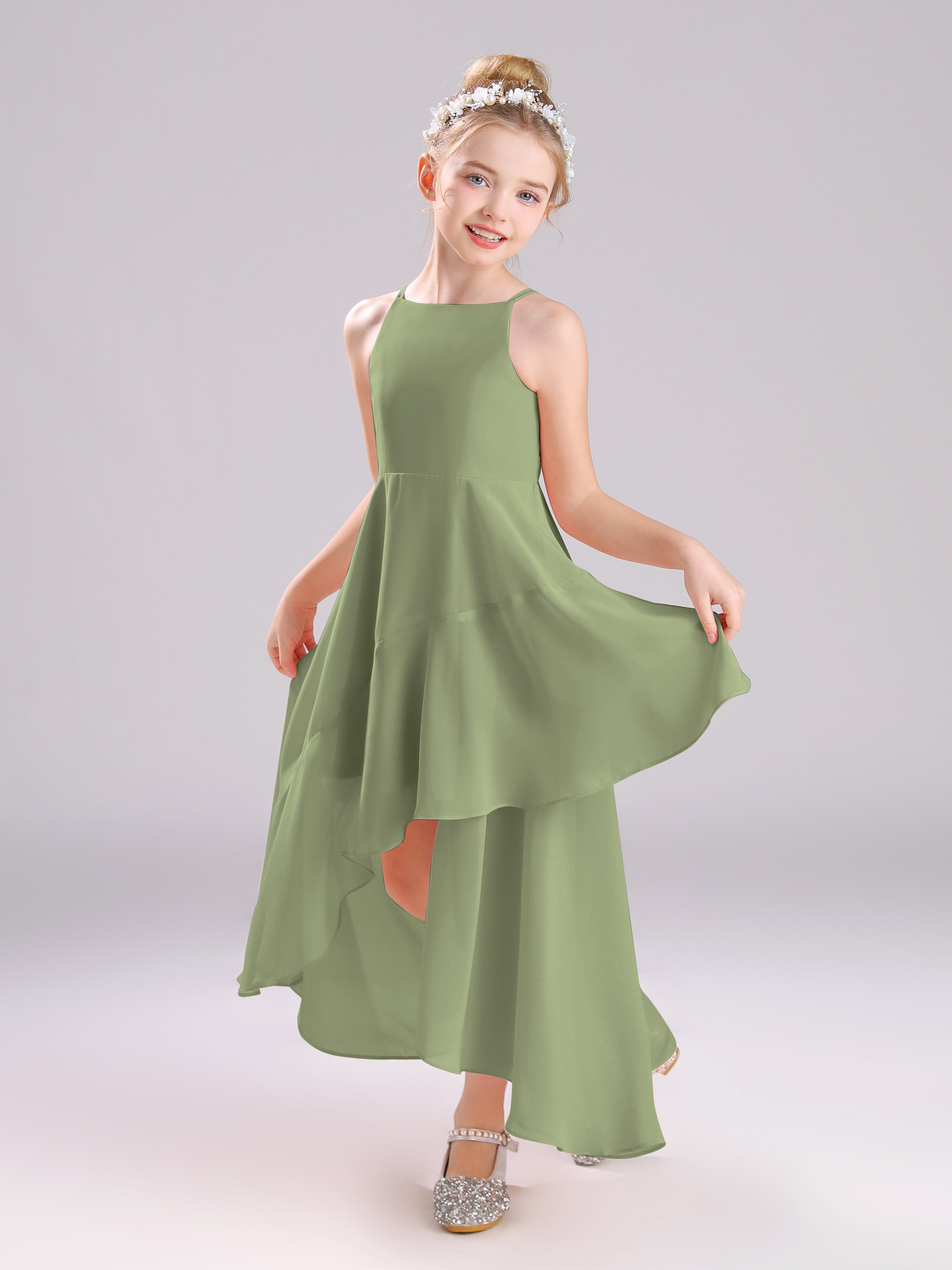 High-Low Ruffles Sleeveless Chiffon Junior Bridesmaid Dresses