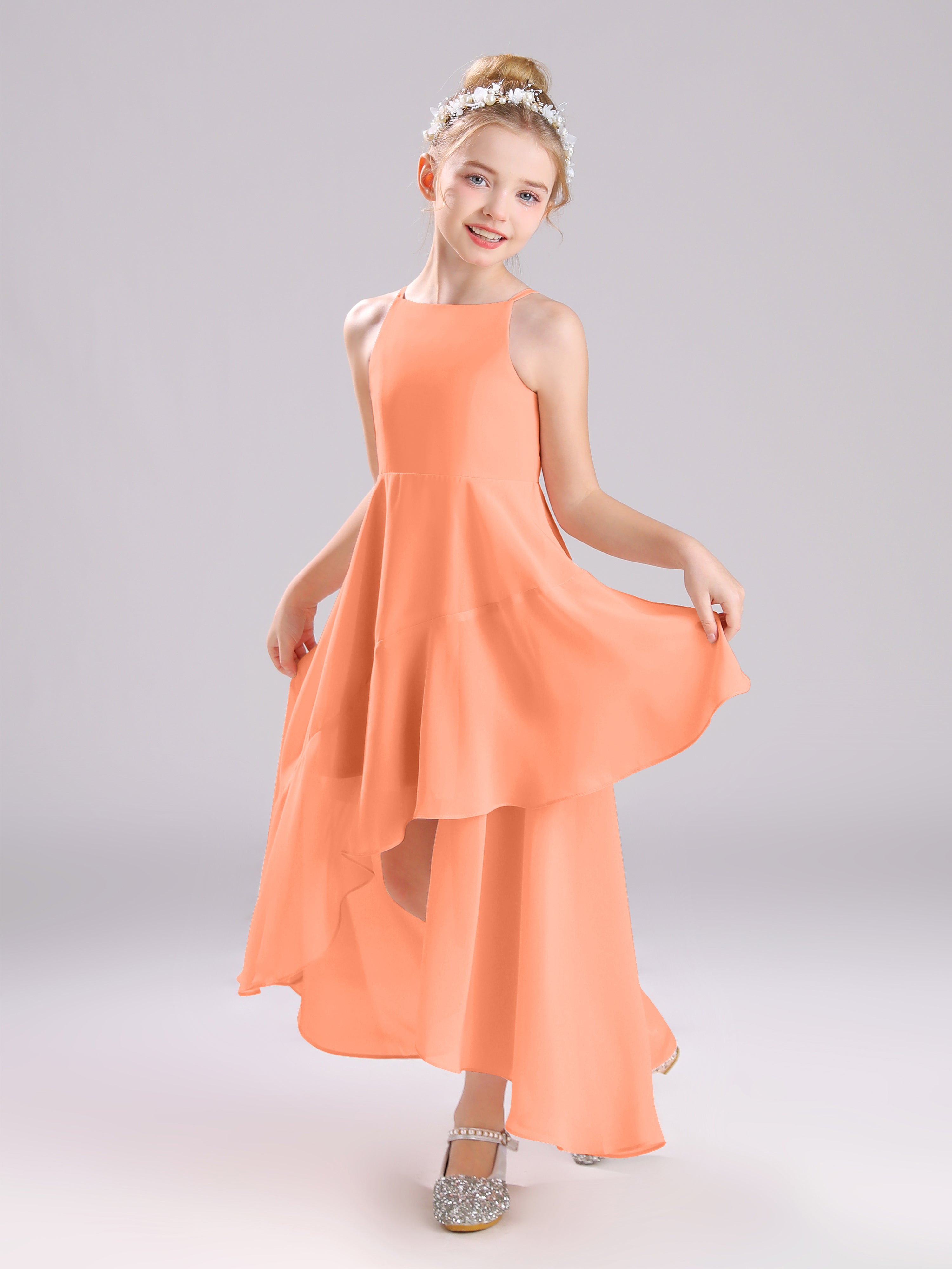 High-Low Ruffles Sleeveless Chiffon Junior Bridesmaid Dresses