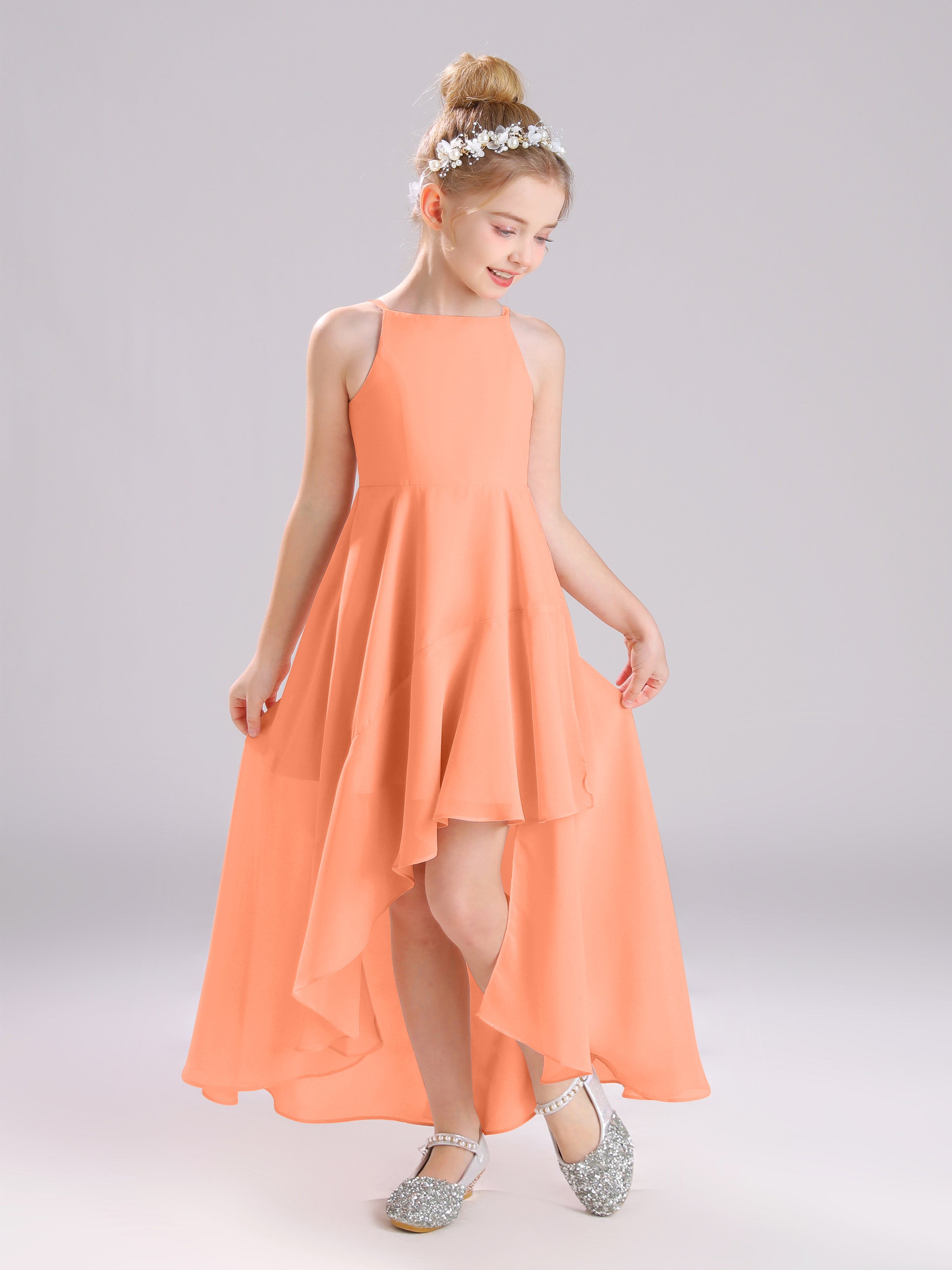 High-Low Ruffles Sleeveless Chiffon Junior Bridesmaid Dresses