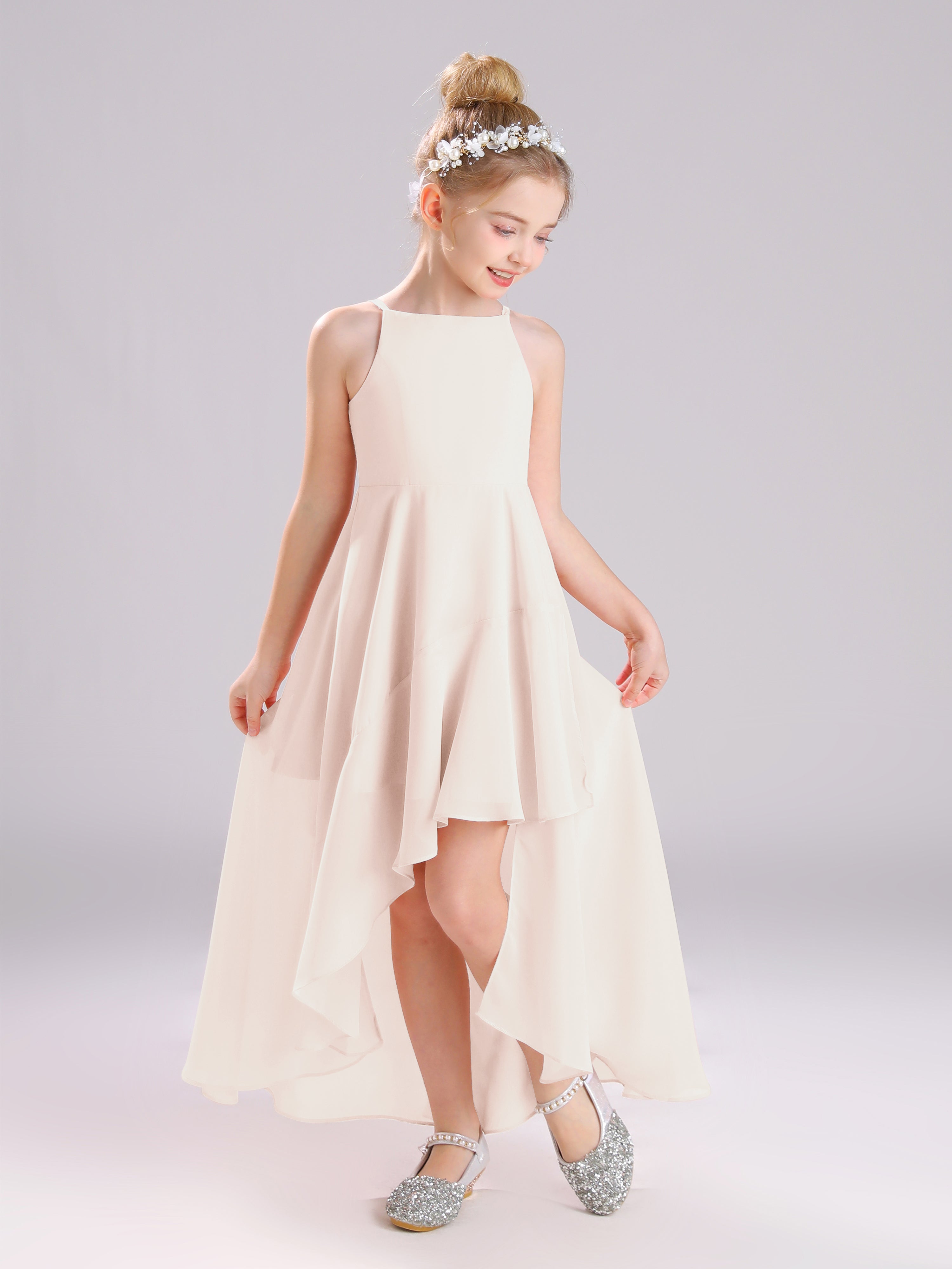 High-Low Ruffles Sleeveless Chiffon Junior Bridesmaid Dresses