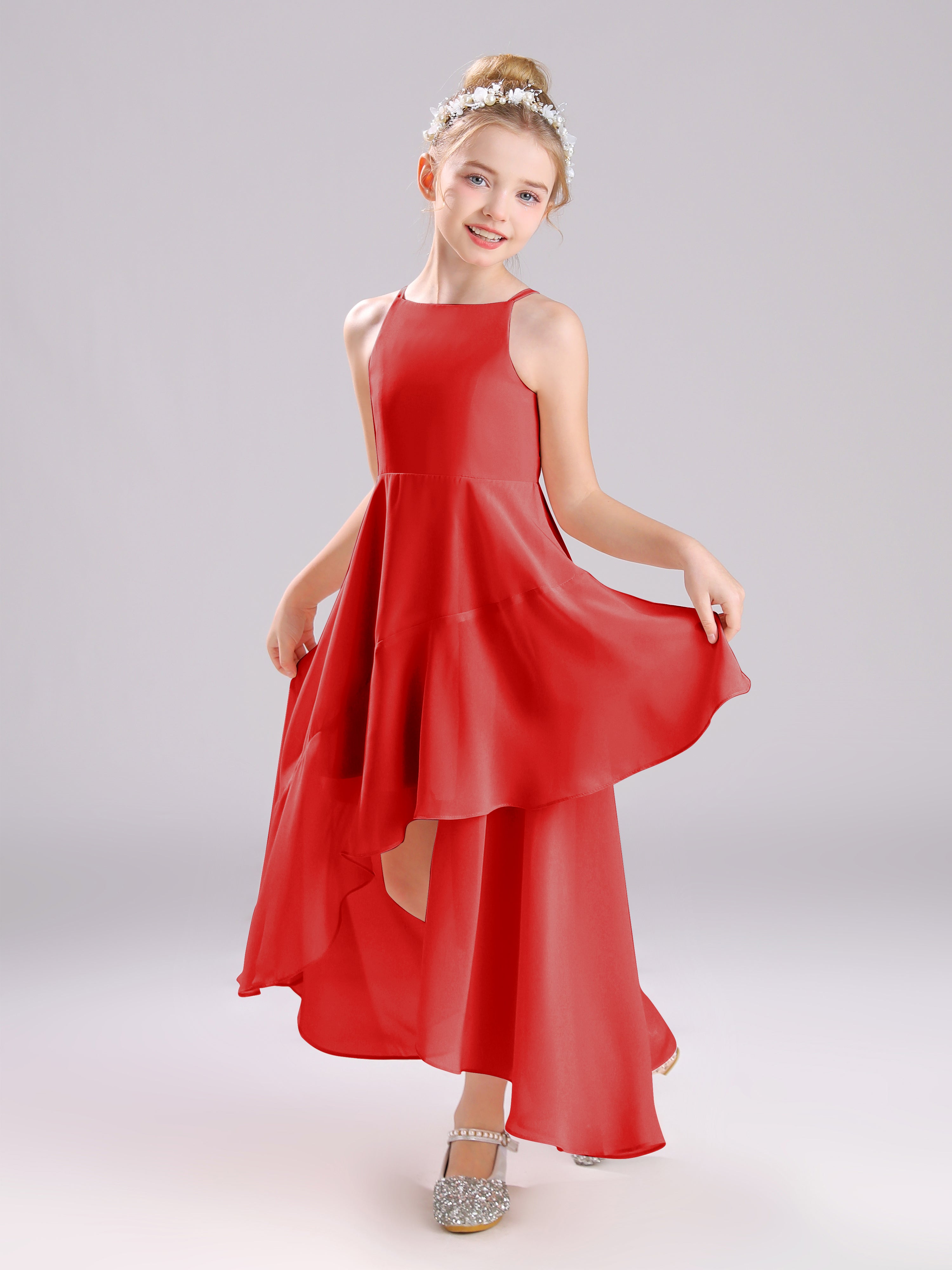 High-Low Ruffles Sleeveless Chiffon Junior Bridesmaid Dresses