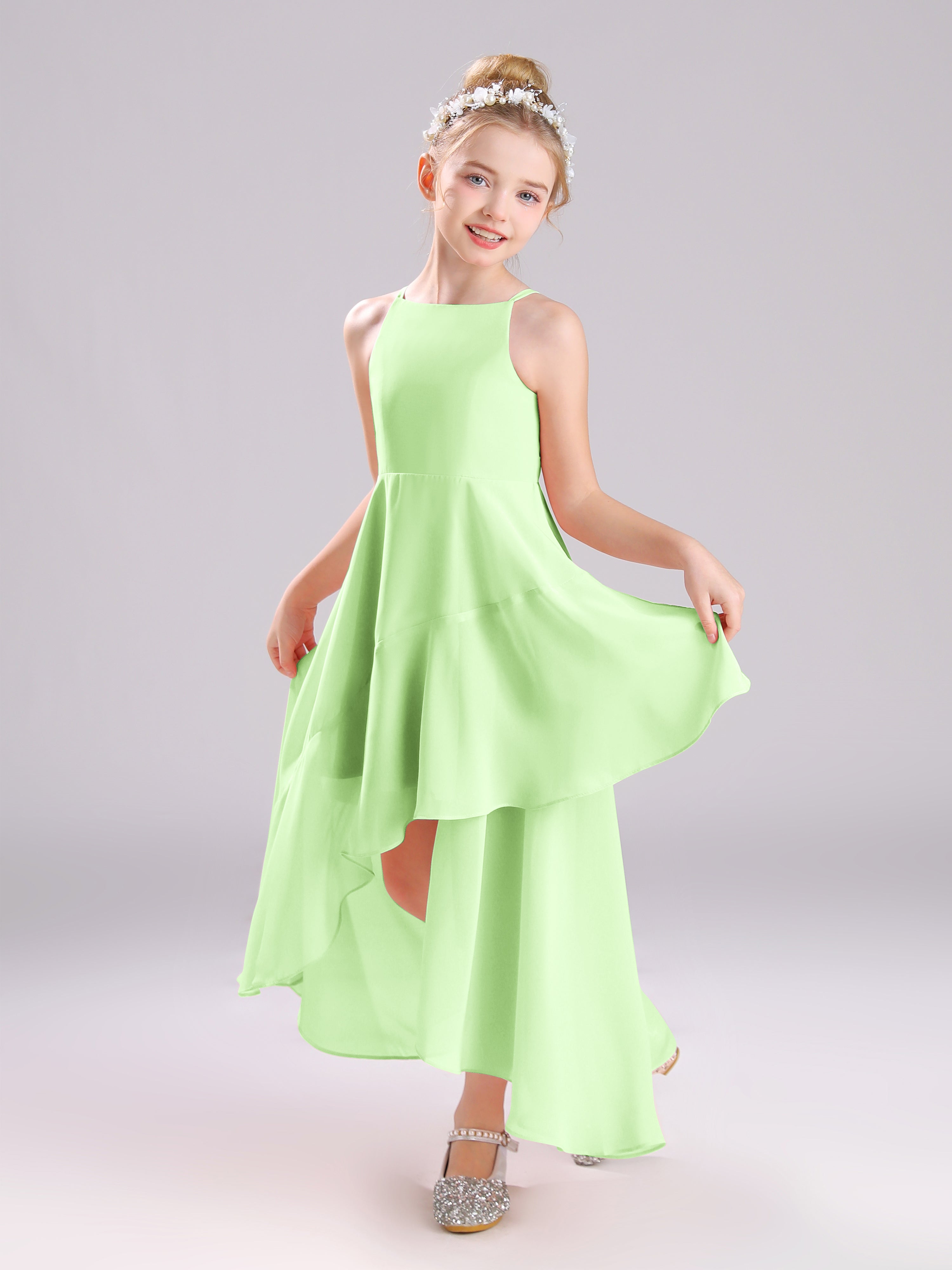 High-Low Ruffles Sleeveless Chiffon Junior Bridesmaid Dresses