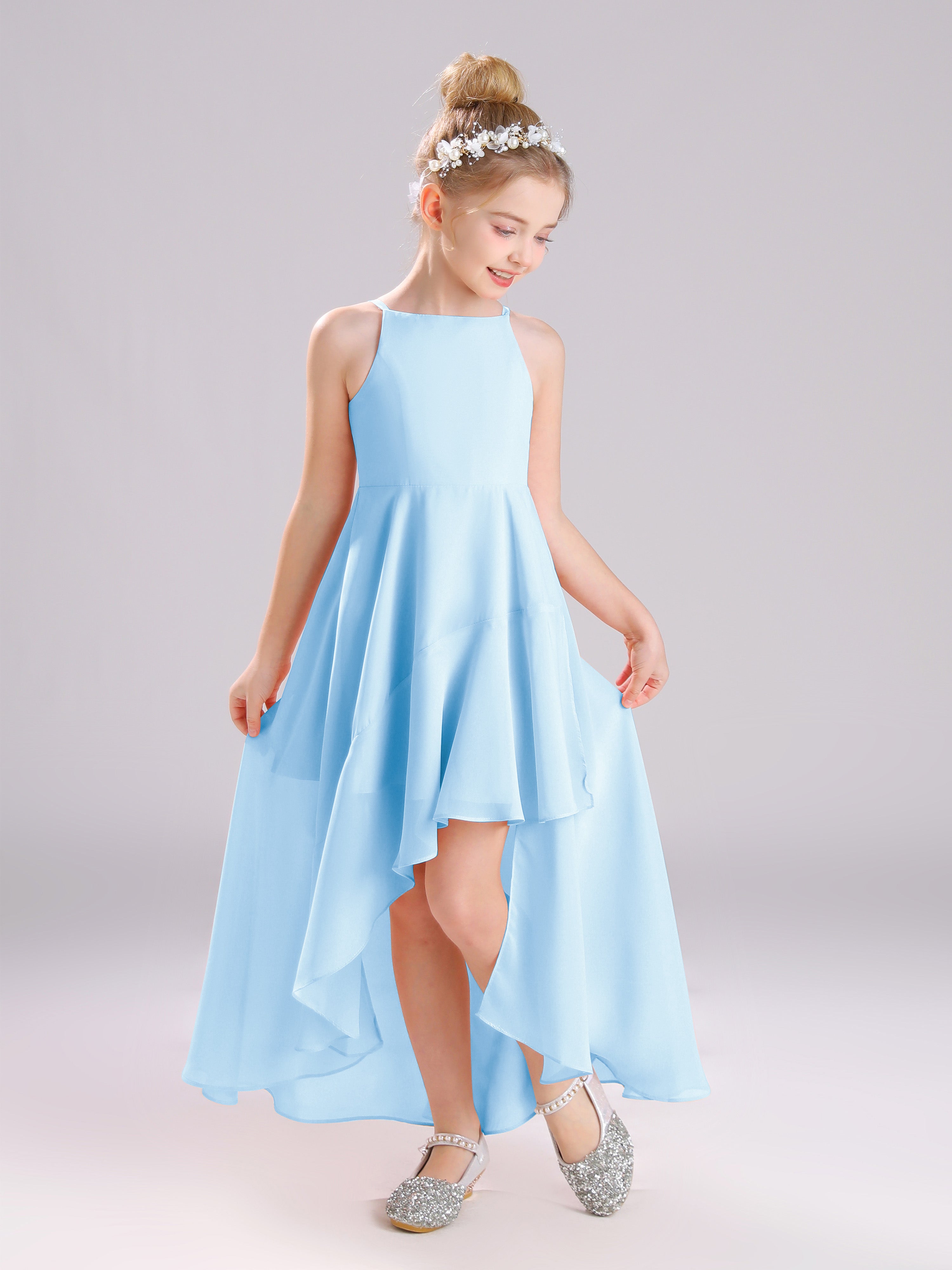 High-Low Ruffles Sleeveless Chiffon Junior Bridesmaid Dresses