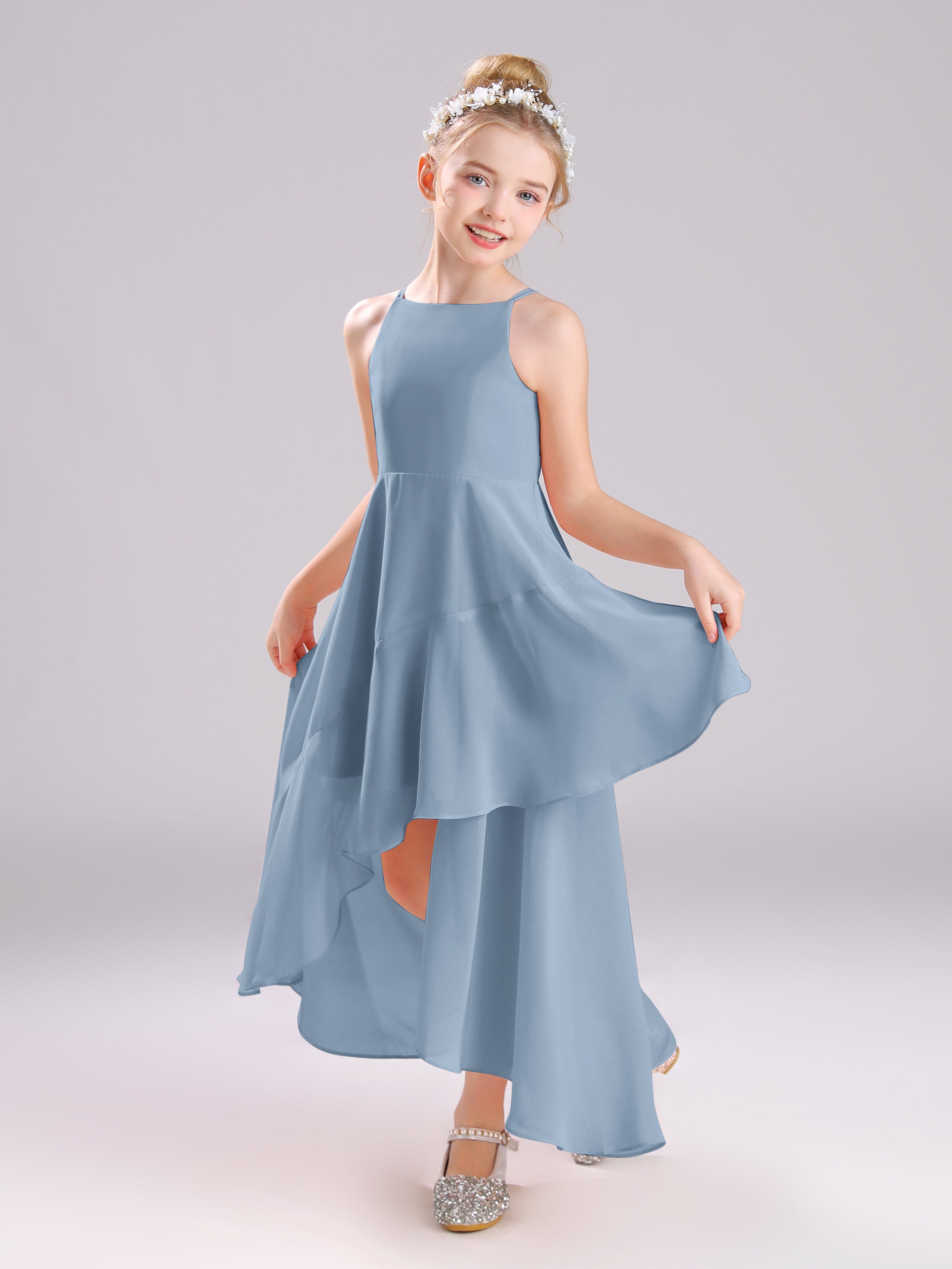 High-Low Ruffles Sleeveless Chiffon Junior Bridesmaid Dresses