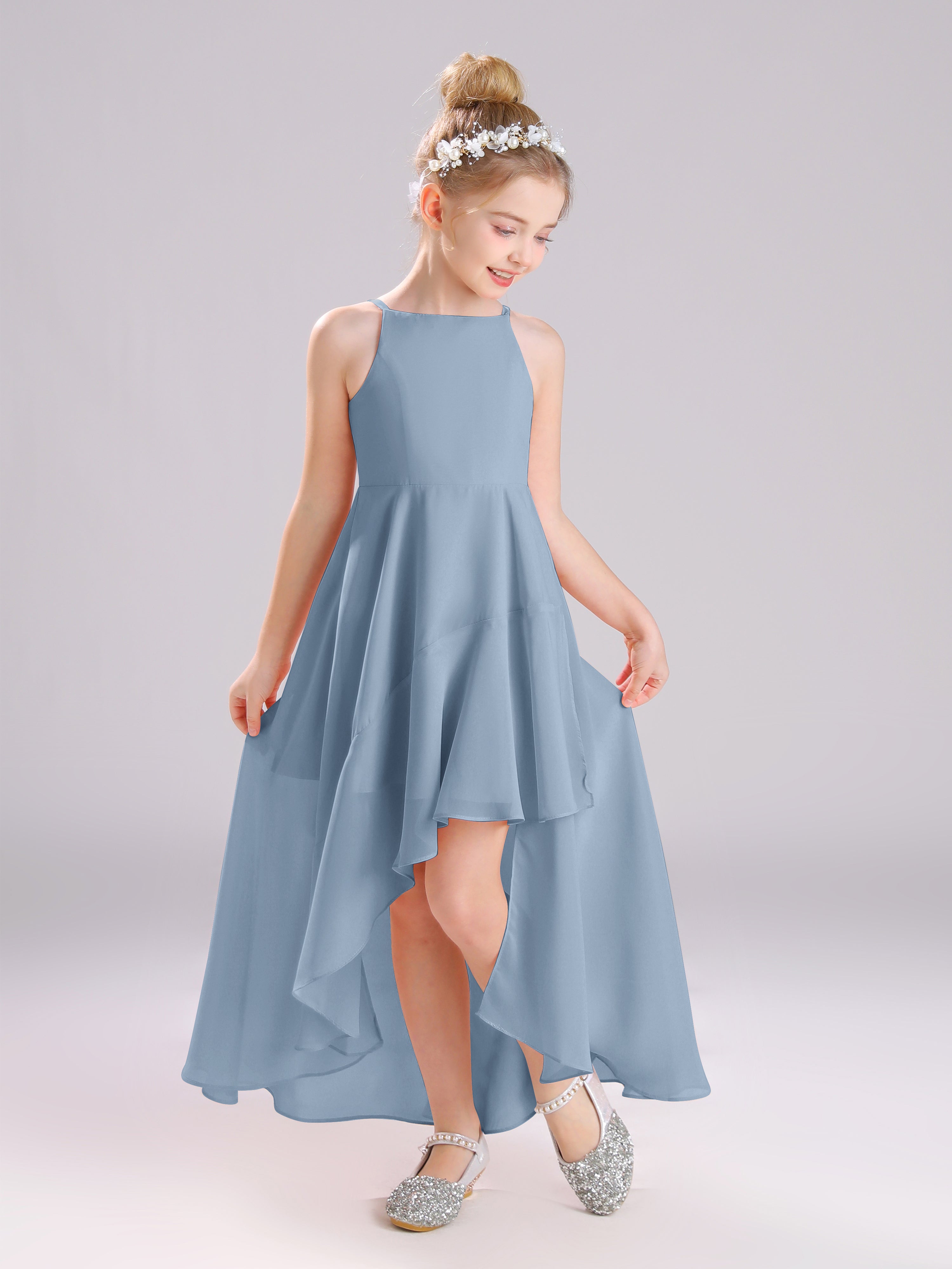 High-Low Ruffles Sleeveless Chiffon Junior Bridesmaid Dresses