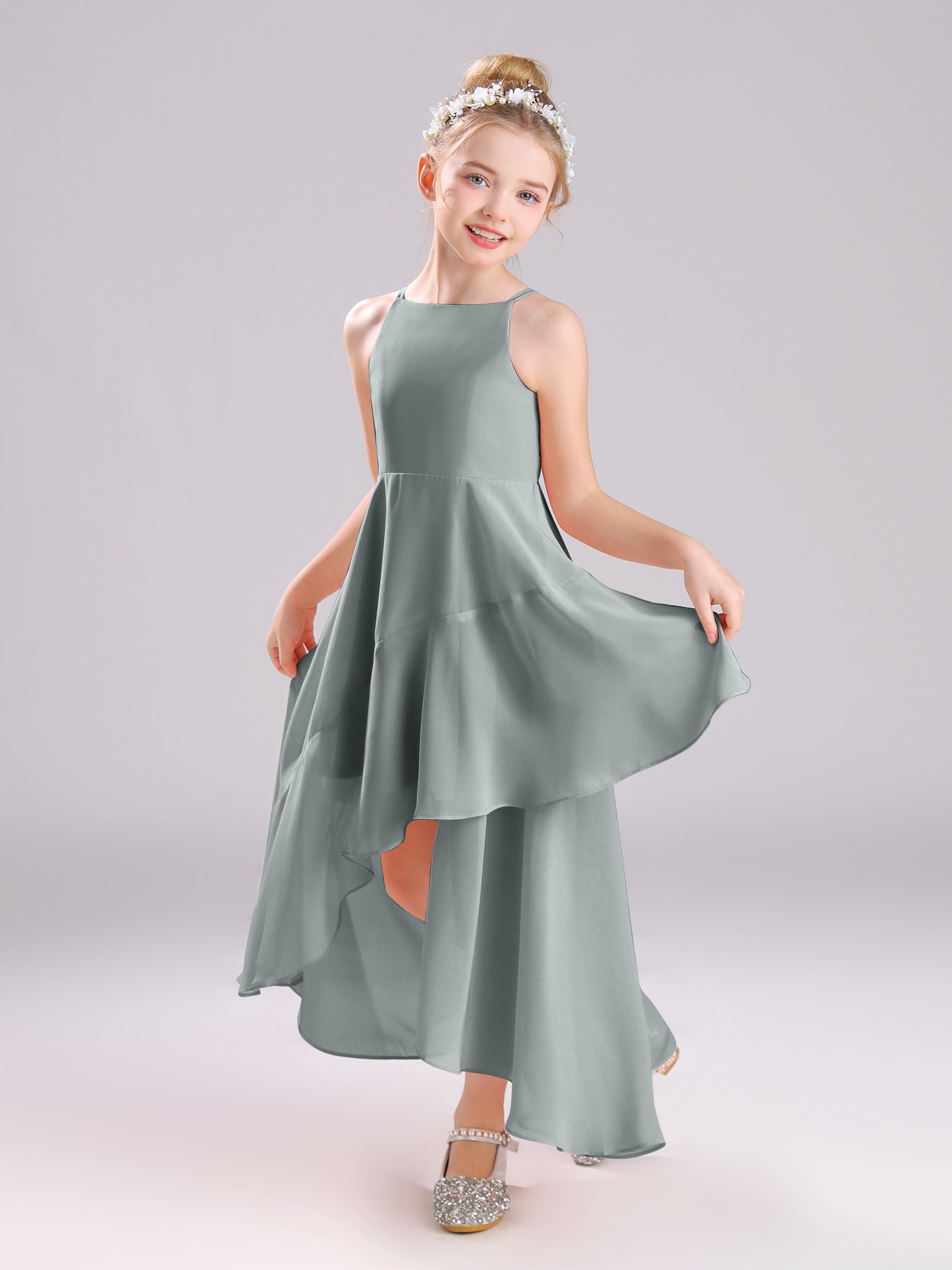 High-Low Ruffles Sleeveless Chiffon Junior Bridesmaid Dresses