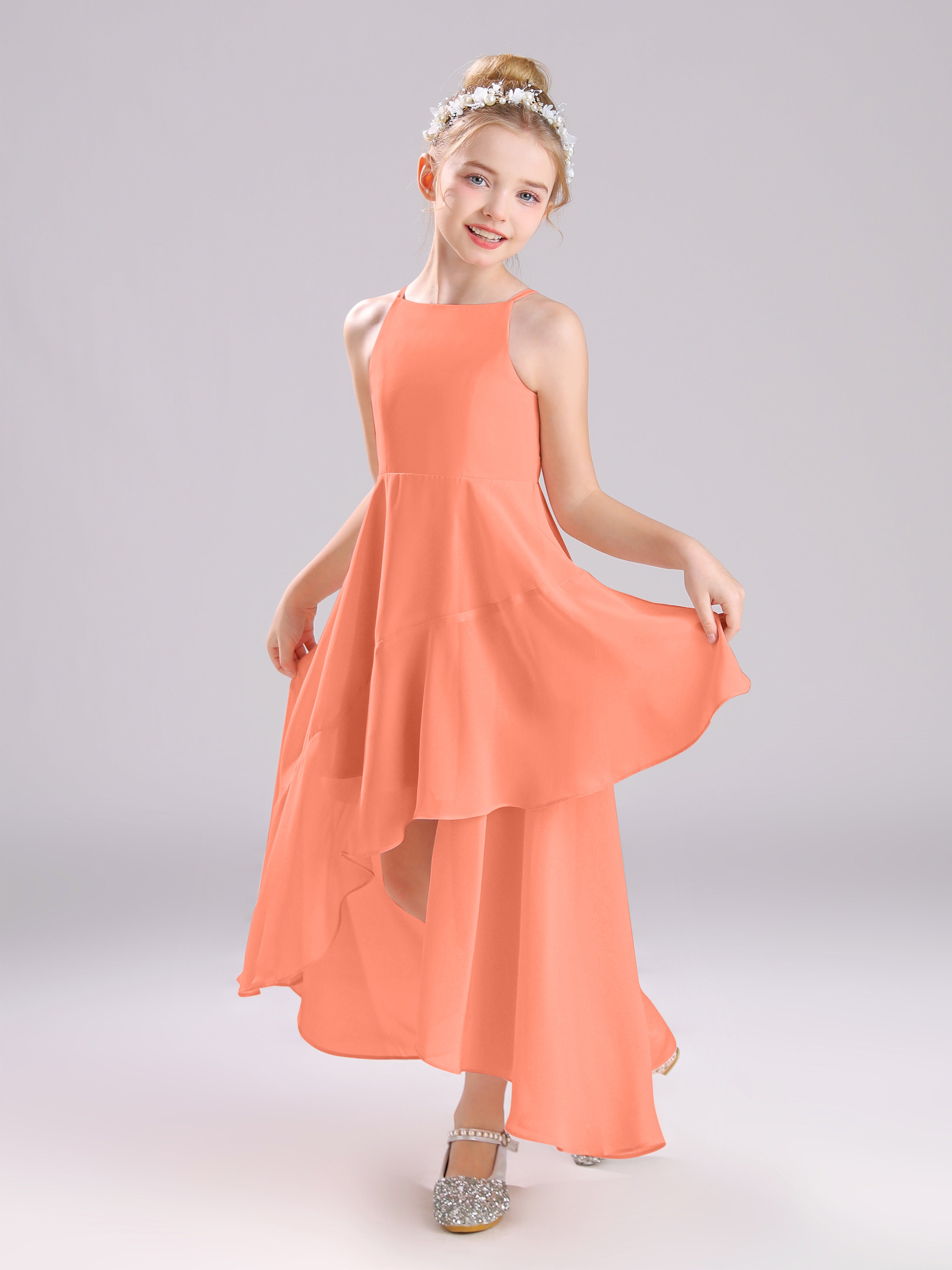 High-Low Ruffles Sleeveless Chiffon Junior Bridesmaid Dresses