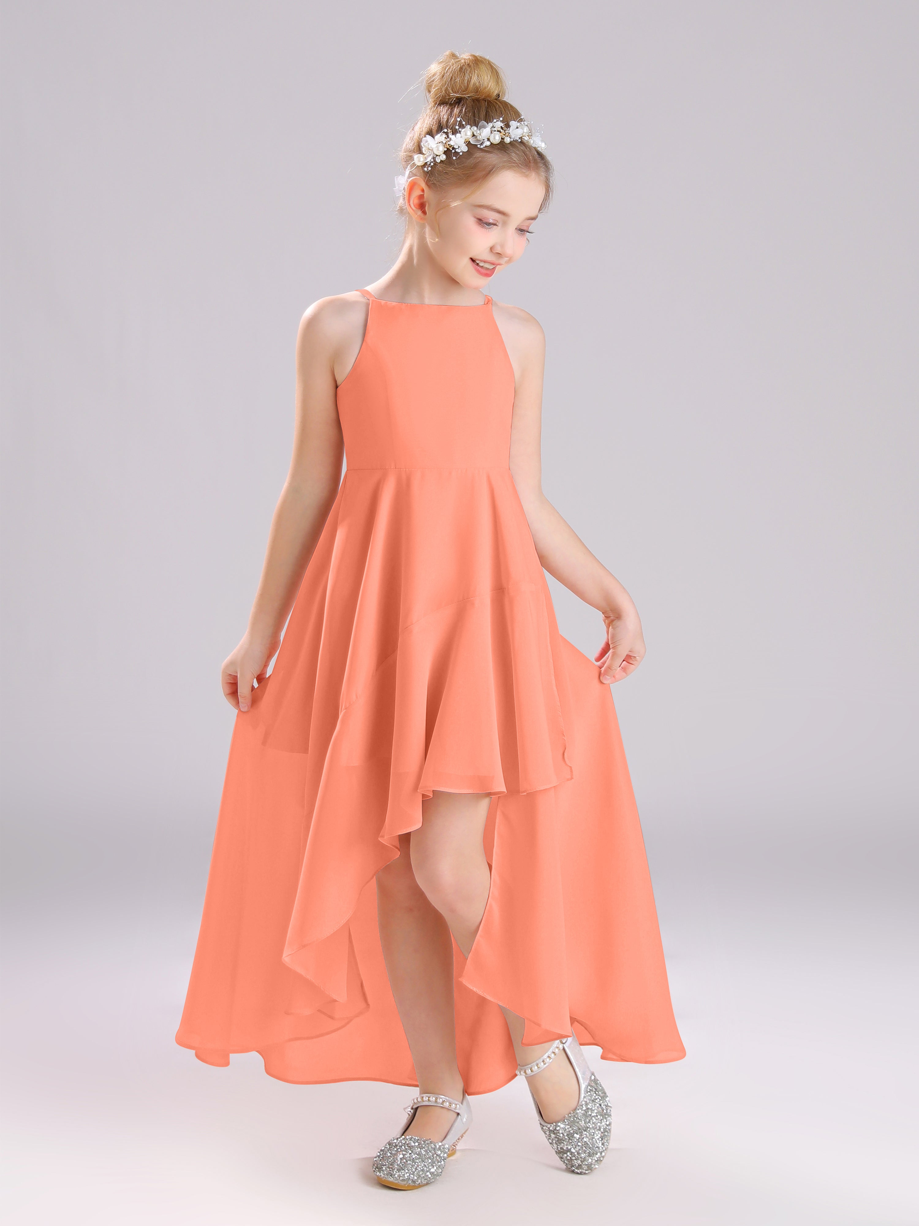 High-Low Ruffles Sleeveless Chiffon Junior Bridesmaid Dresses