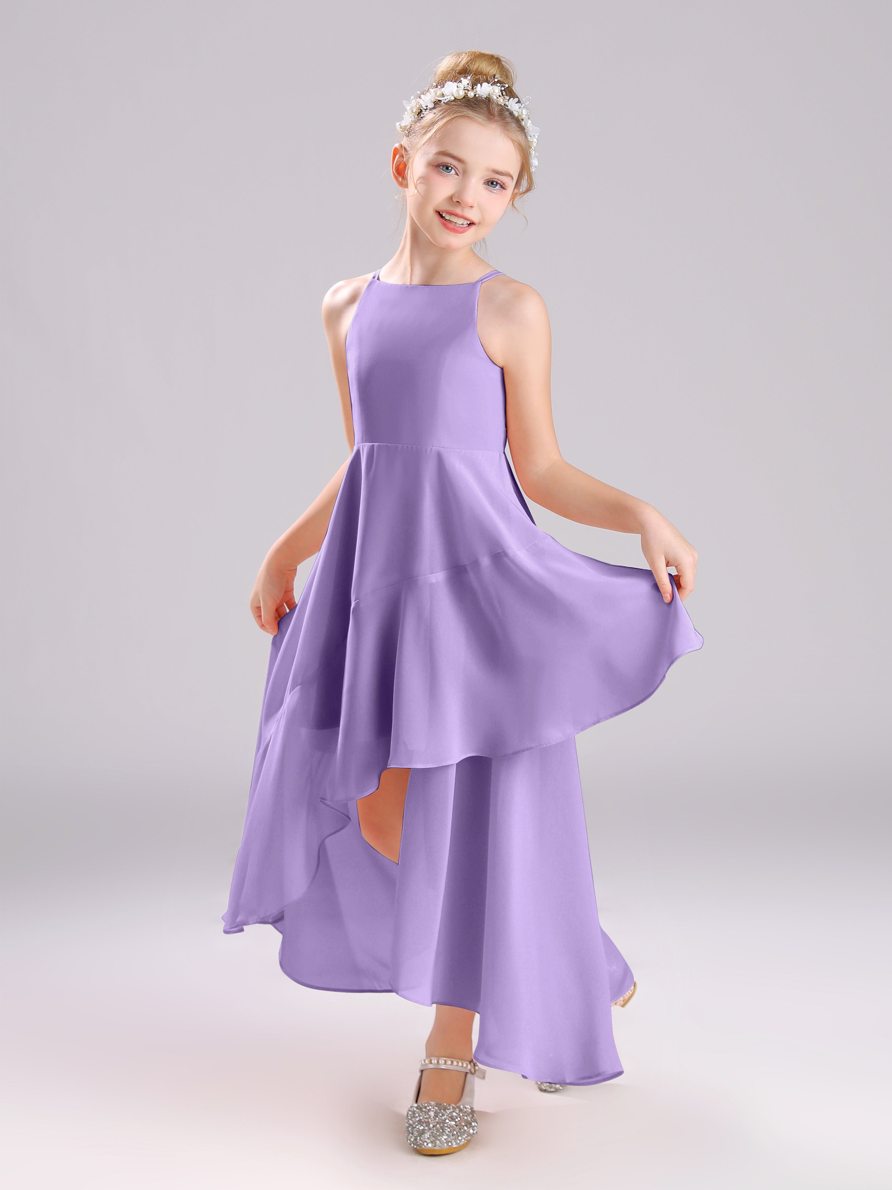 High-Low Ruffles Sleeveless Chiffon Junior Bridesmaid Dresses