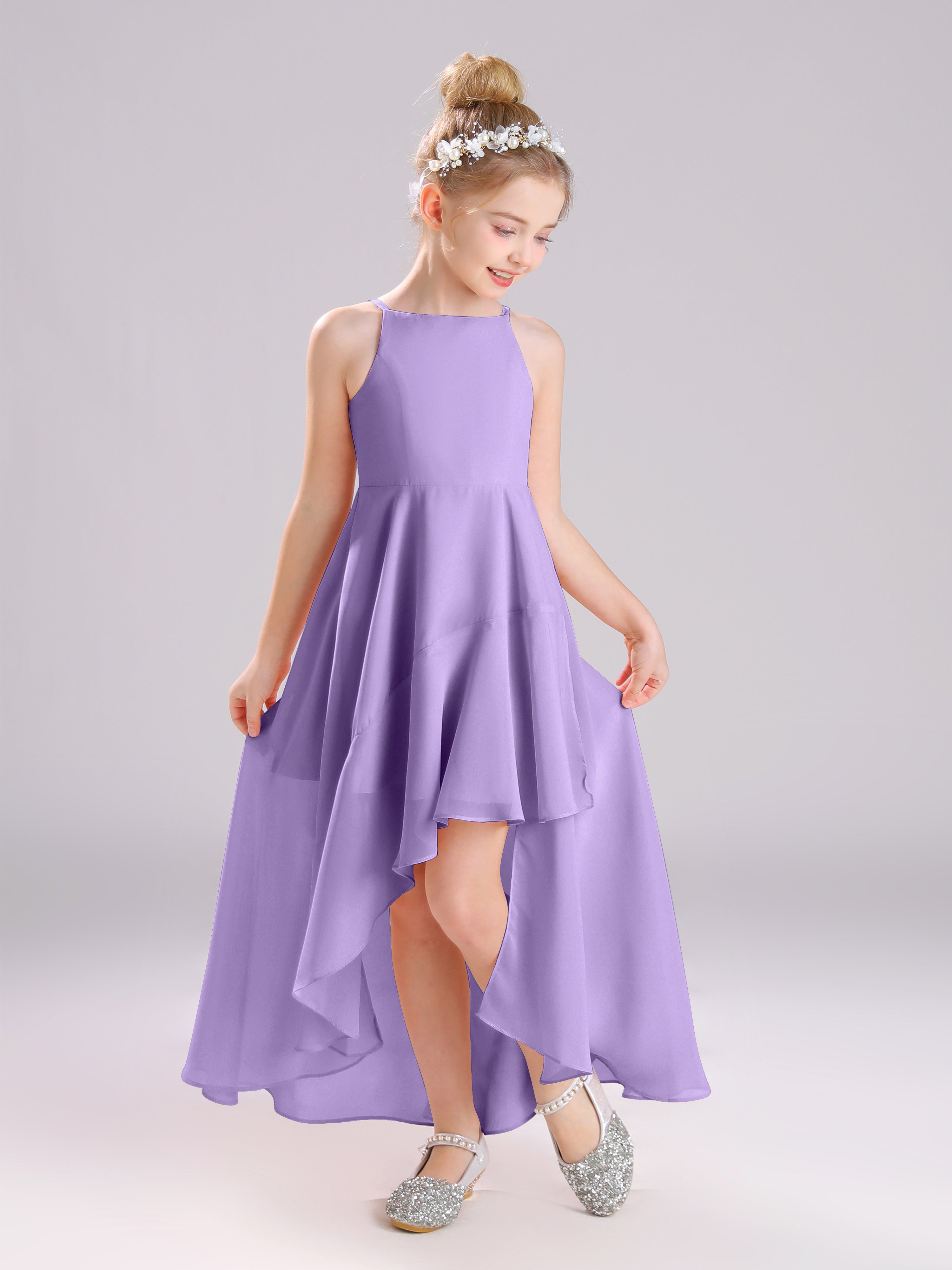 High-Low Ruffles Sleeveless Chiffon Junior Bridesmaid Dresses