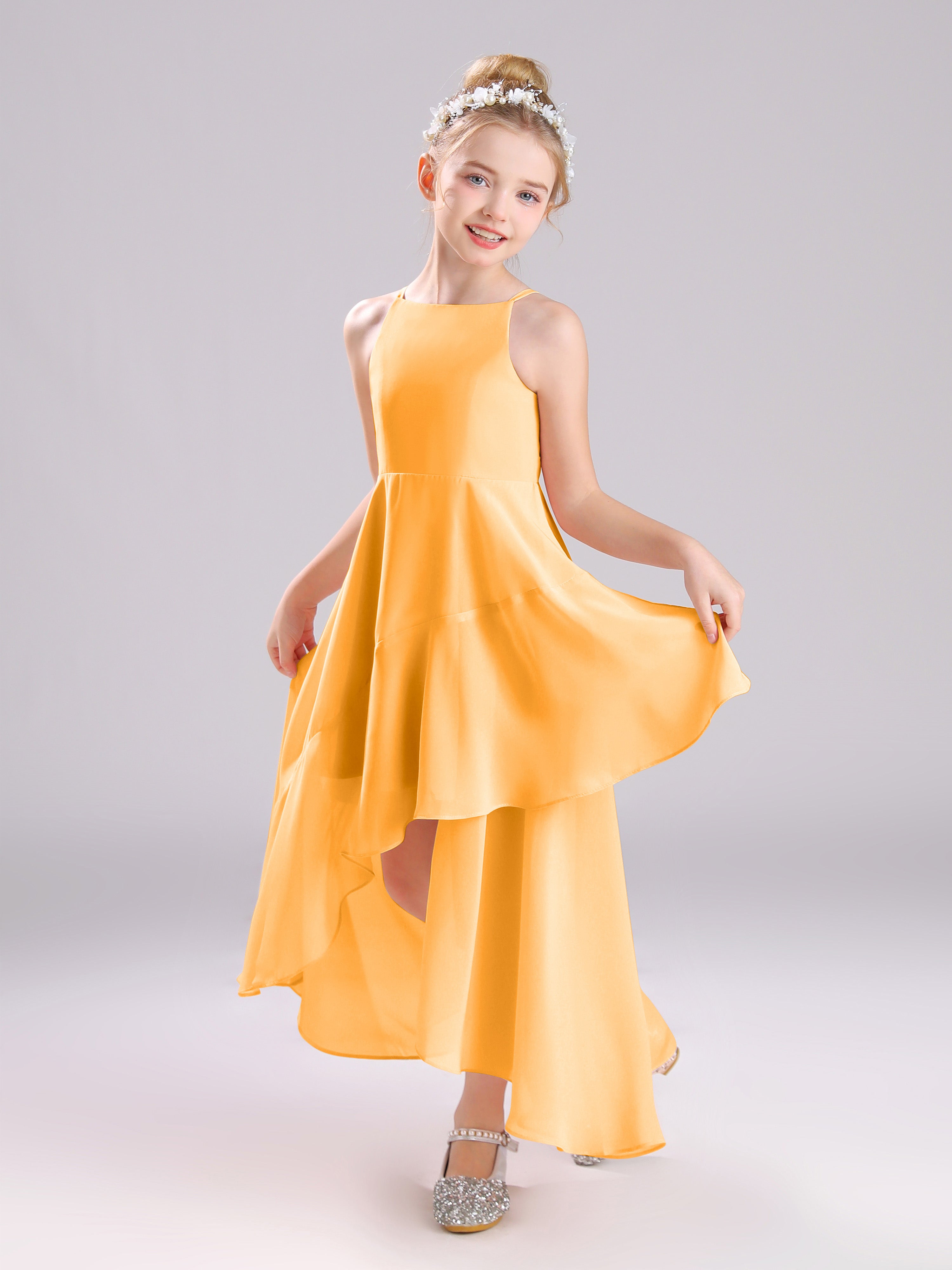 High-Low Ruffles Sleeveless Chiffon Junior Bridesmaid Dresses