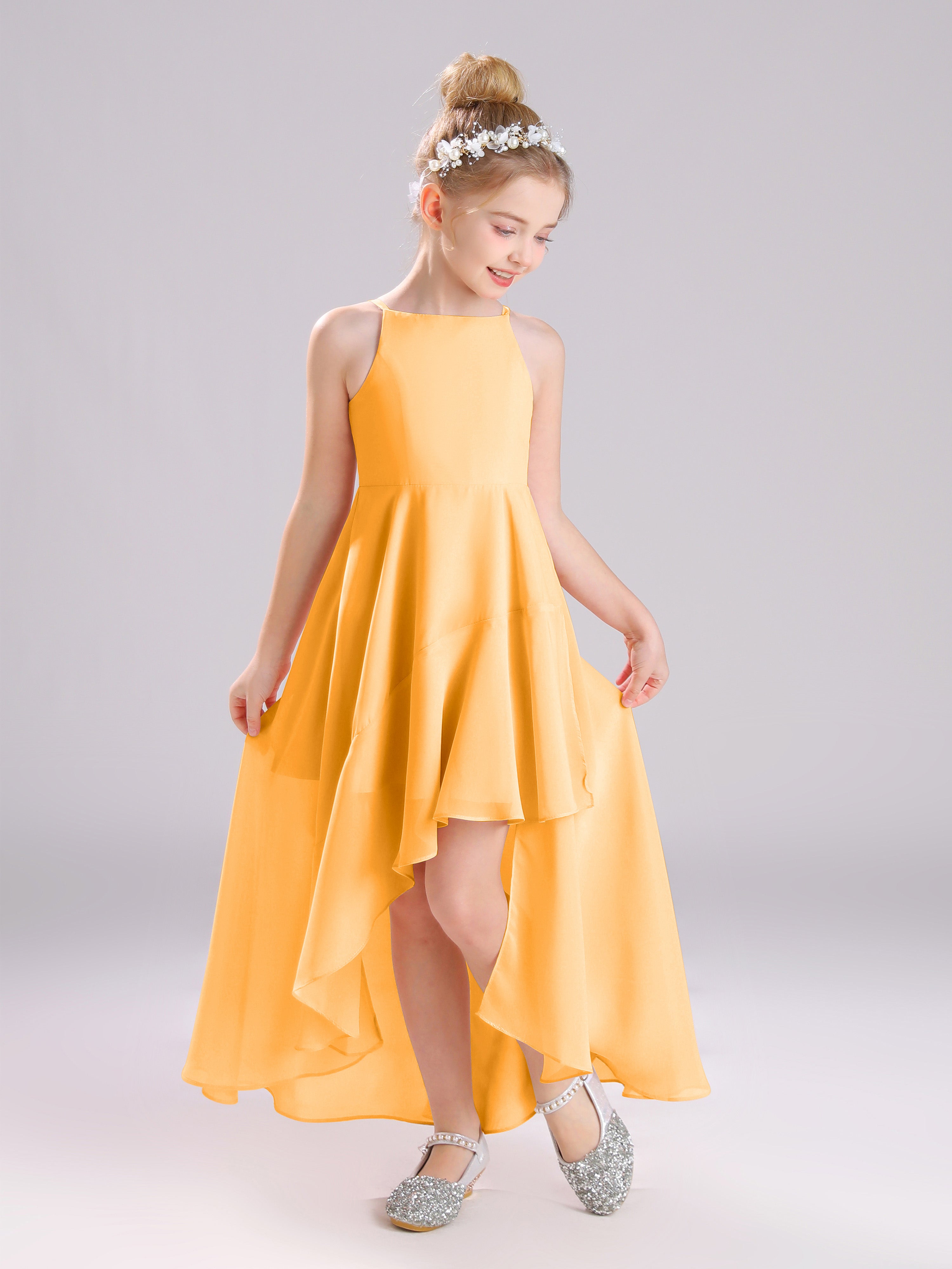 High-Low Ruffles Sleeveless Chiffon Junior Bridesmaid Dresses