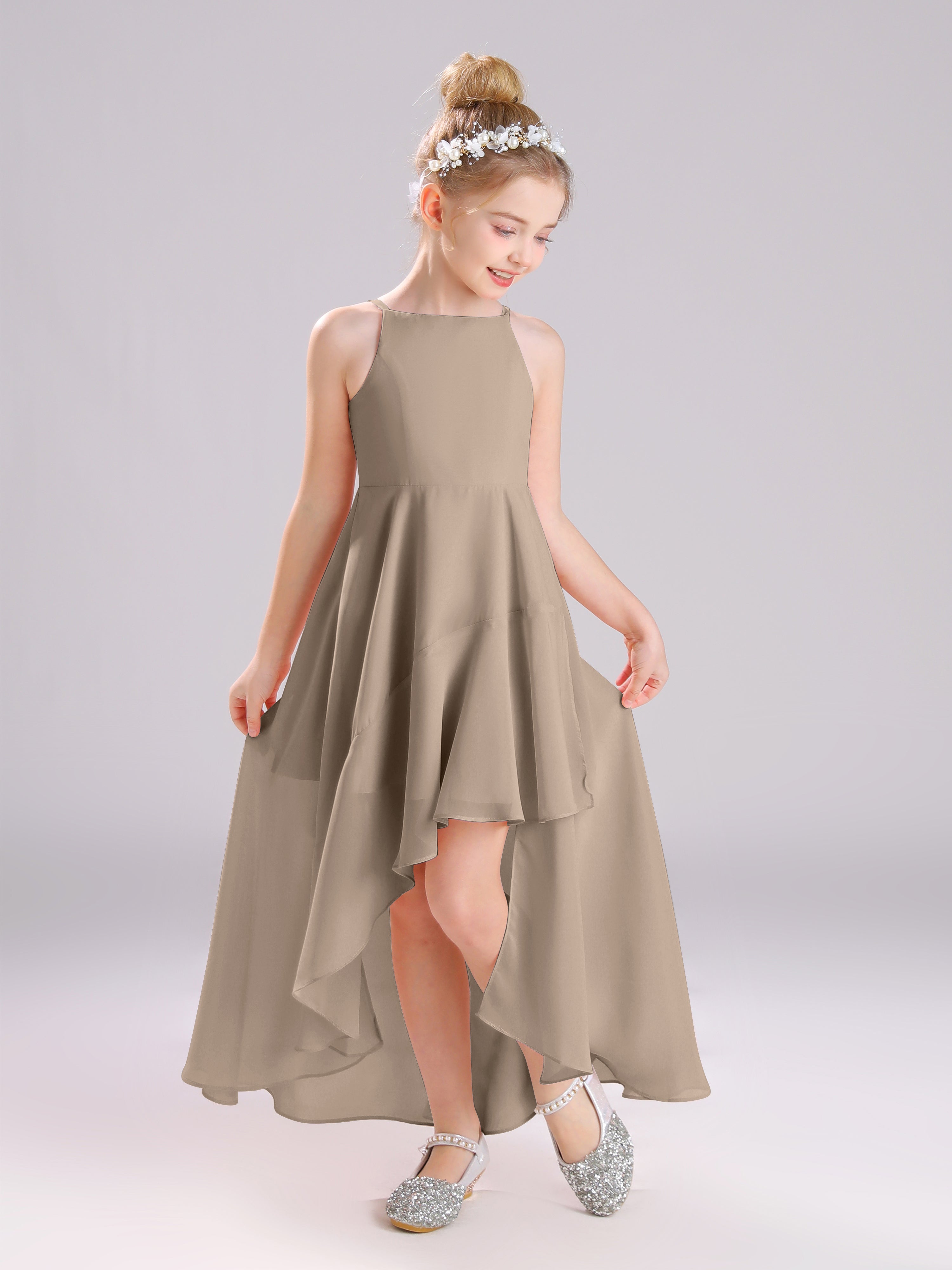 High-Low Ruffles Sleeveless Chiffon Junior Bridesmaid Dresses