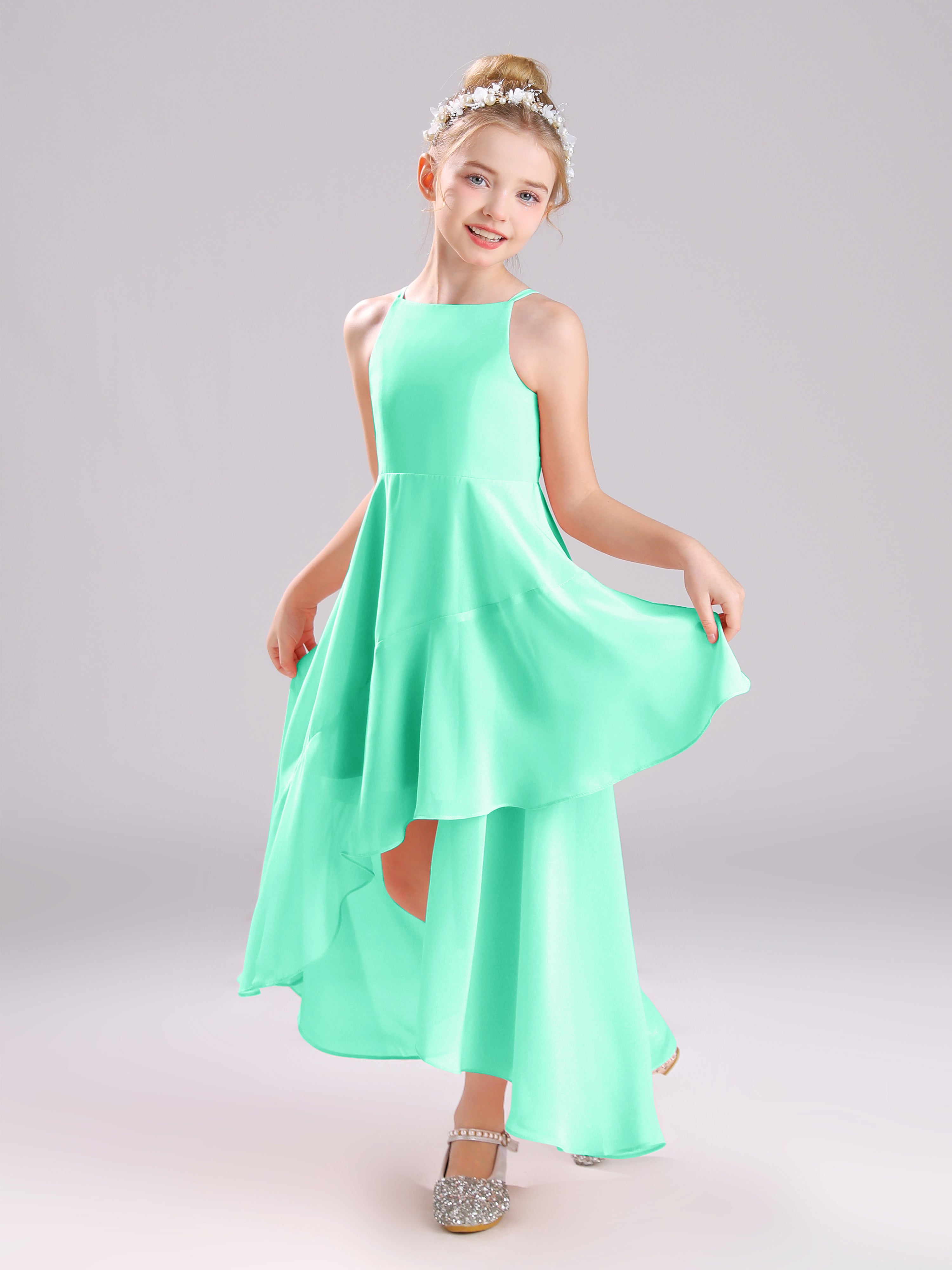 High-Low Ruffles Sleeveless Chiffon Junior Bridesmaid Dresses