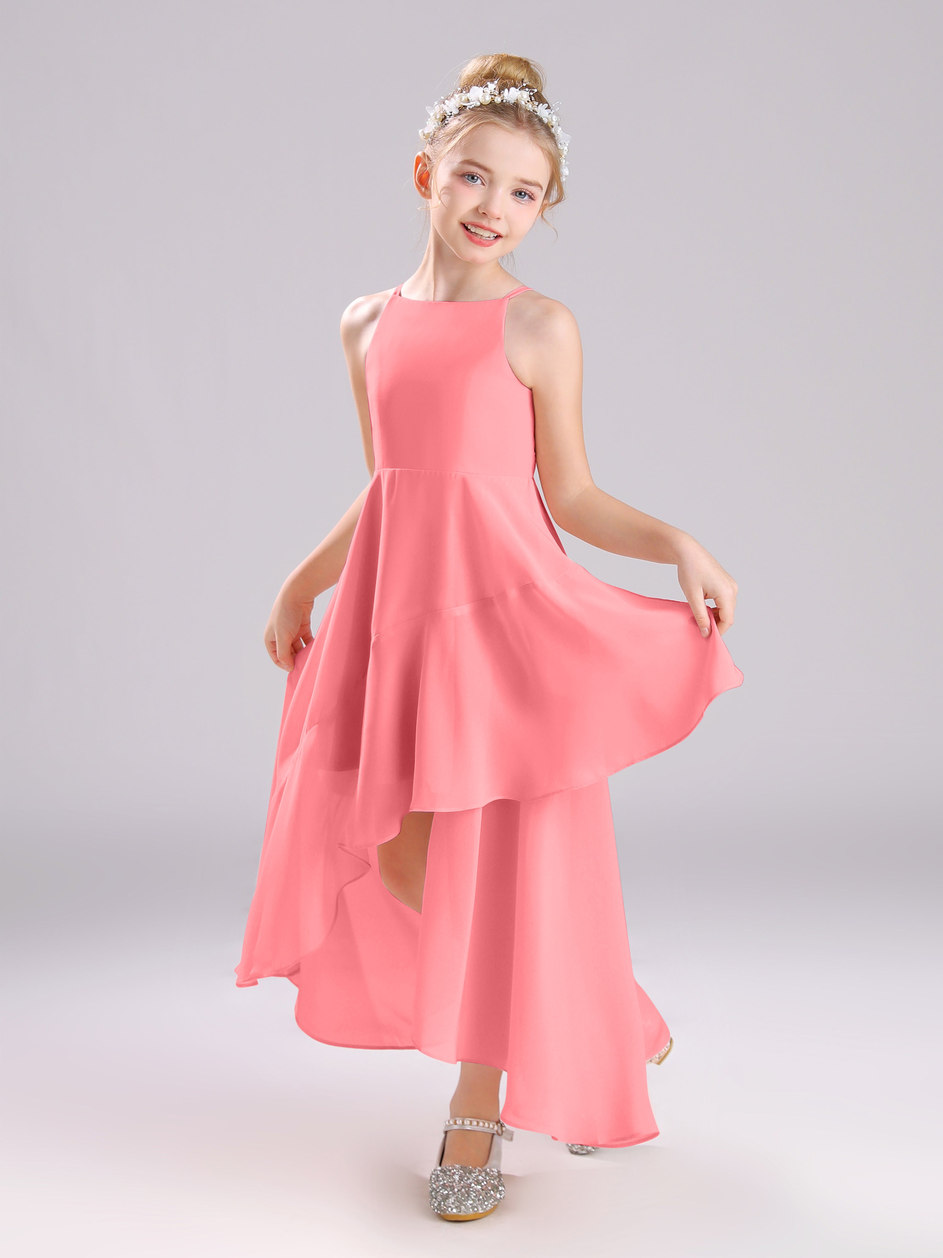 High-Low Ruffles Sleeveless Chiffon Junior Bridesmaid Dresses