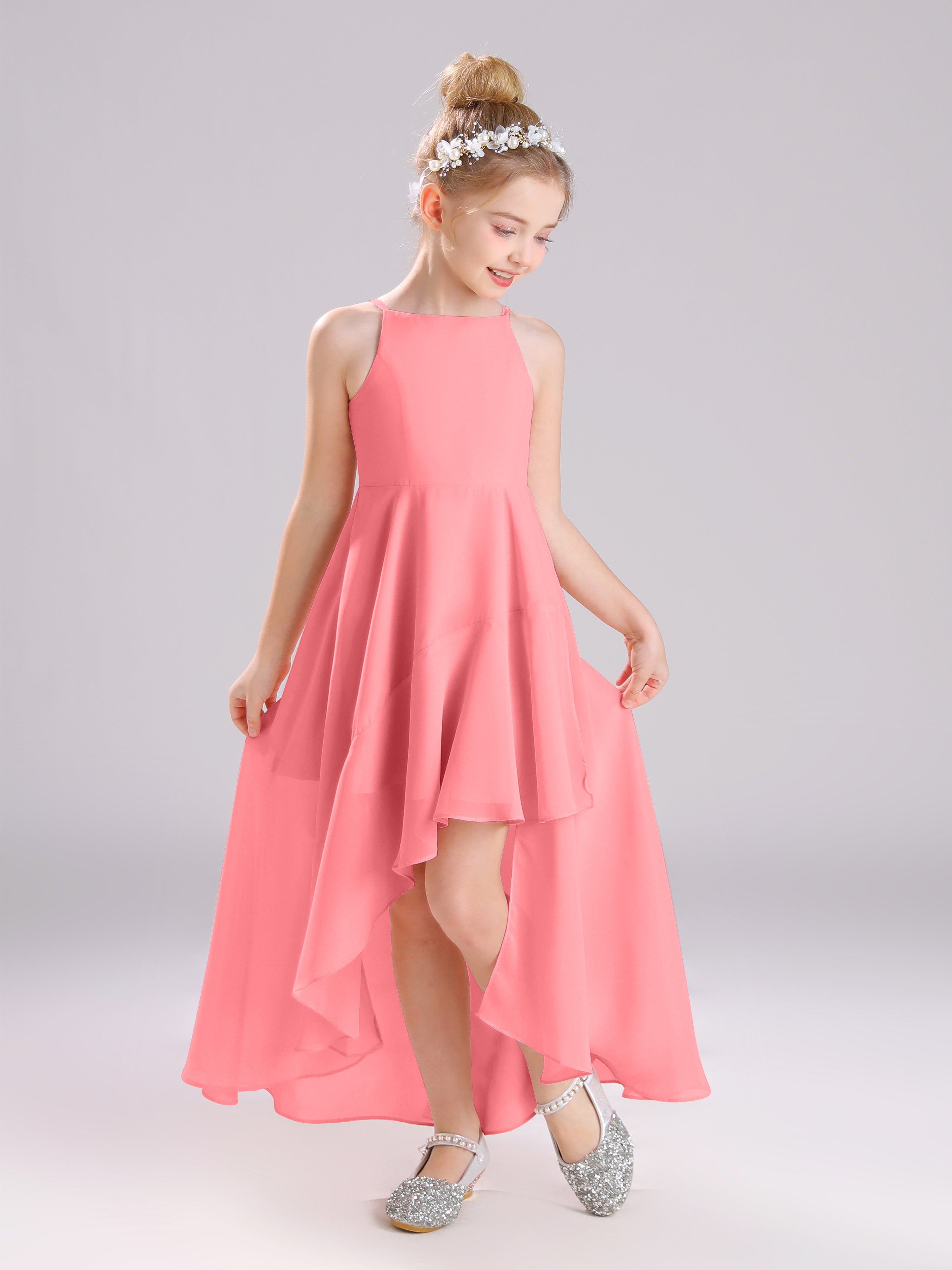 High-Low Ruffles Sleeveless Chiffon Junior Bridesmaid Dresses