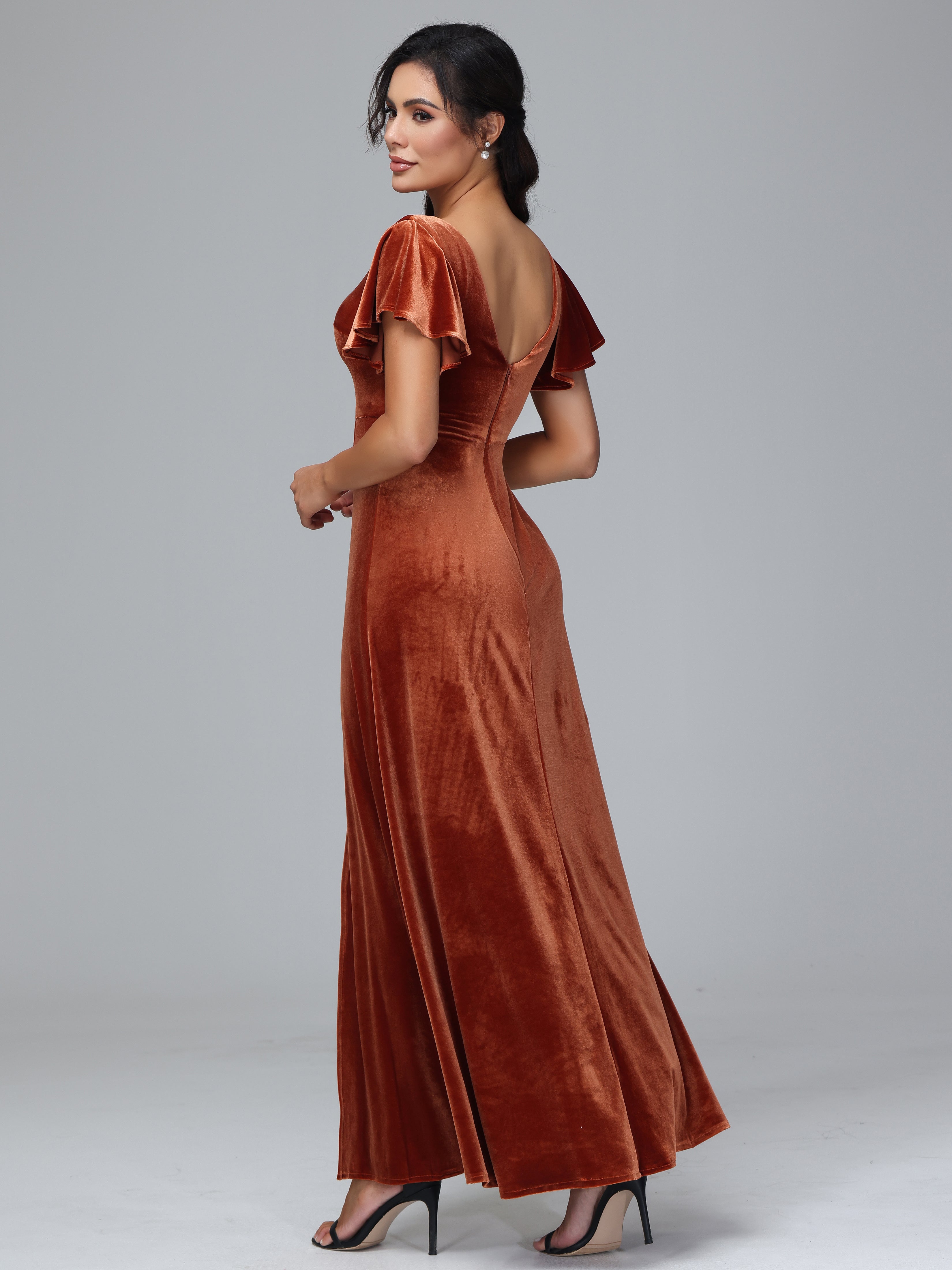 Short Sleeves Long Velvet Bridesmaid Dresses With Split