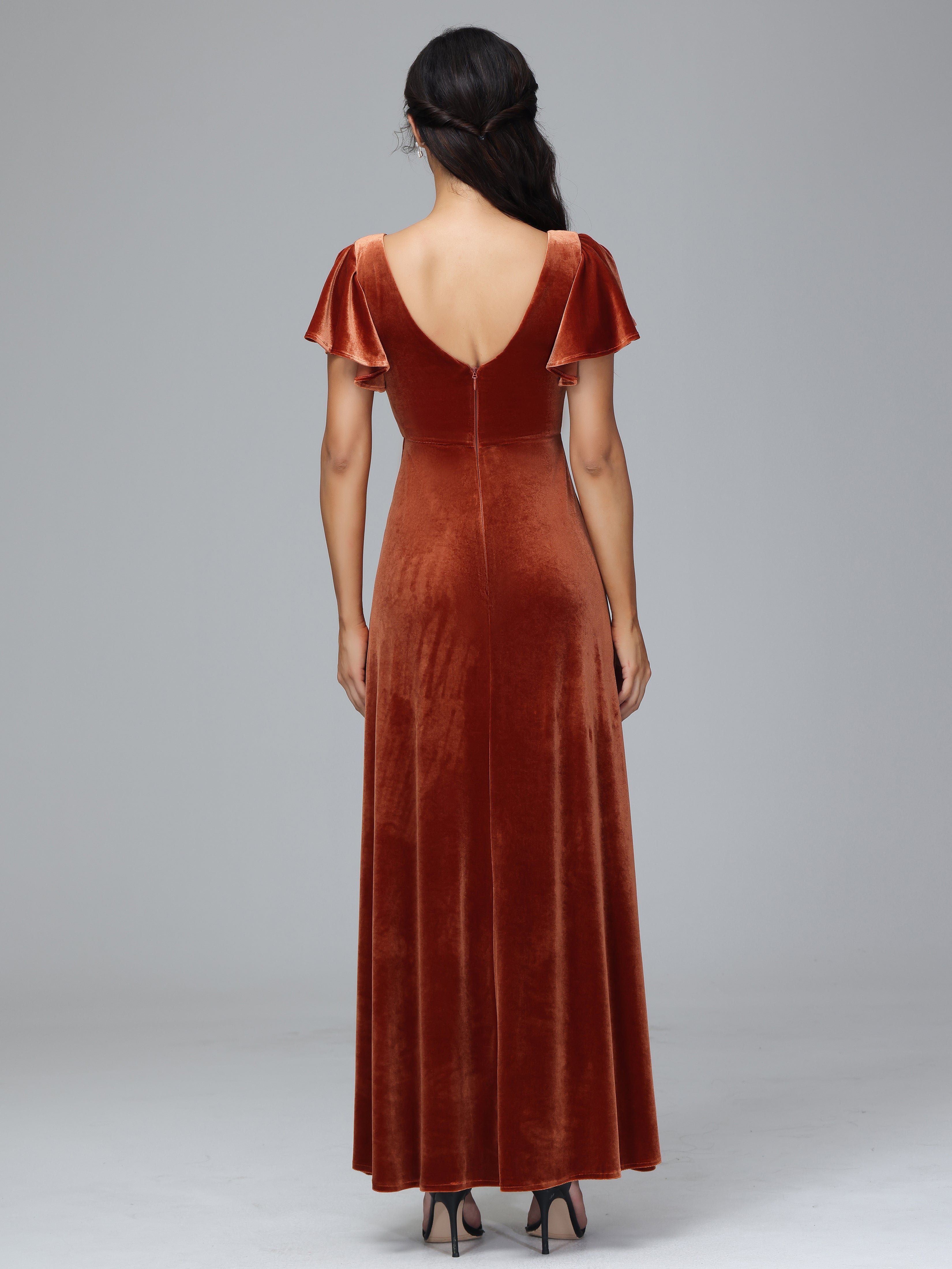 Short Sleeves Long Velvet Bridesmaid Dresses With Split