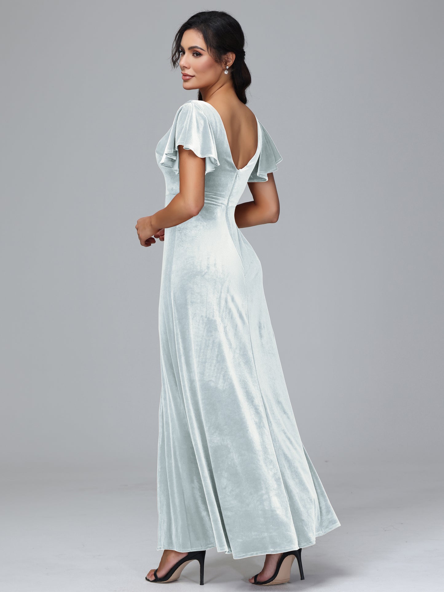 Short Sleeves Long Velvet Bridesmaid Dresses With Split