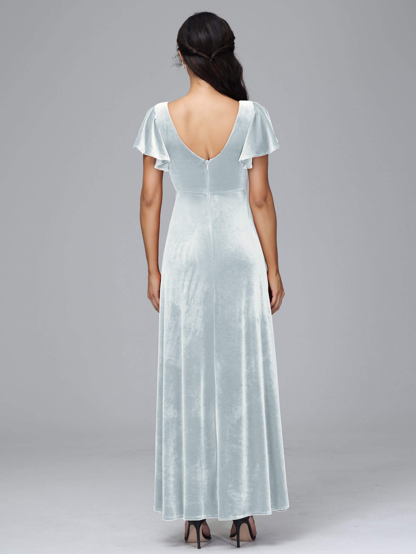 Short Sleeves Long Velvet Bridesmaid Dresses With Split