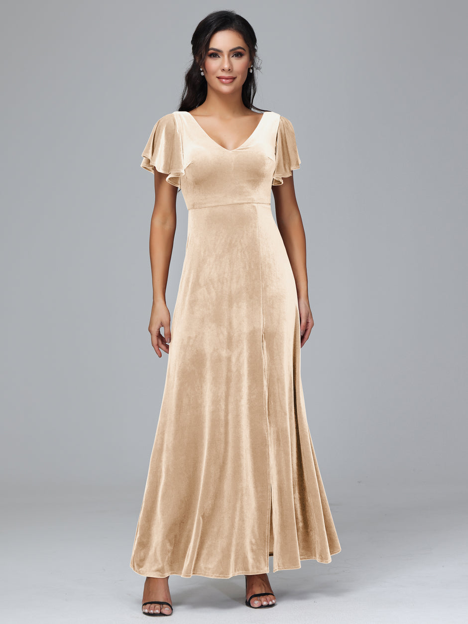 Winter Short Sleeves Velvet Long Bridesmaid Dresses